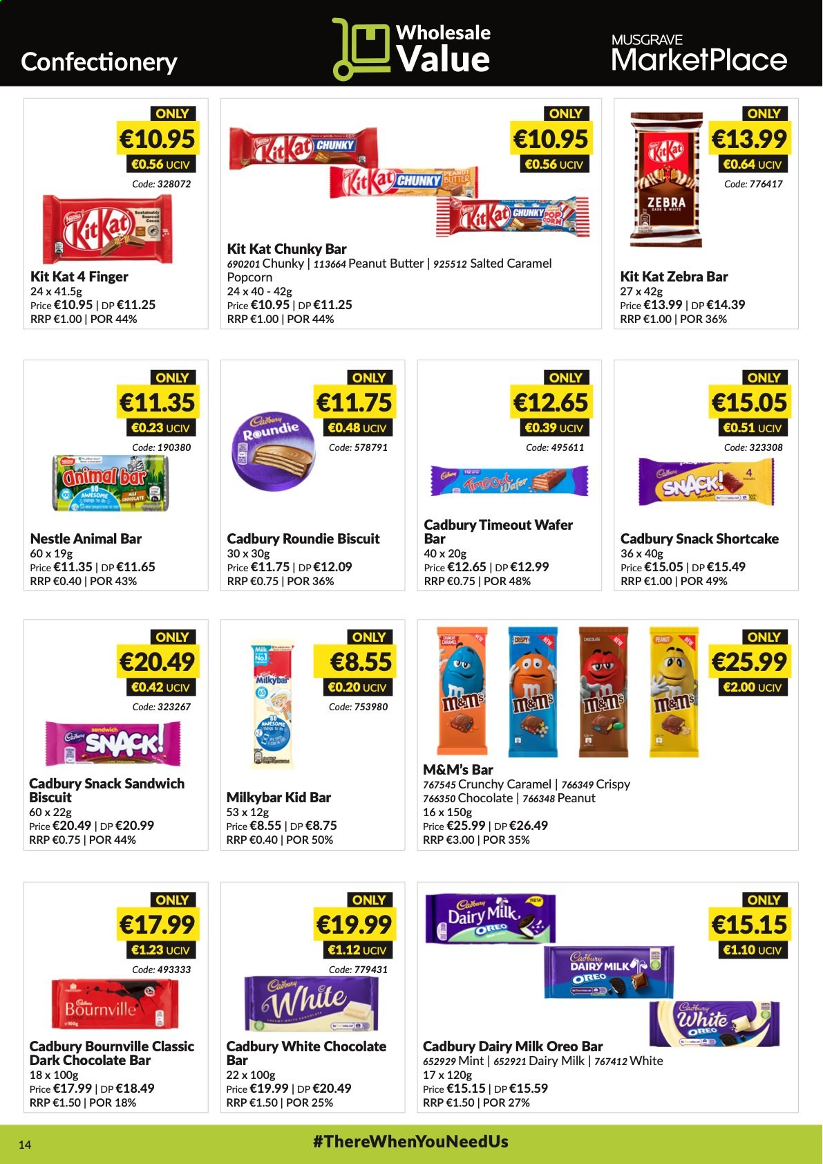 thumbnail - MUSGRAVE Market Place offer  - 29.08.2021 - 25.09.2021 - Sales products - sandwich, Oreo, Nestlé, wafers, white chocolate, snack, M&M's, KitKat, biscuit, dark chocolate, Cadbury, Milkybar, Dairy Milk, chocolate bar, popcorn, peanut butter. Page 14.