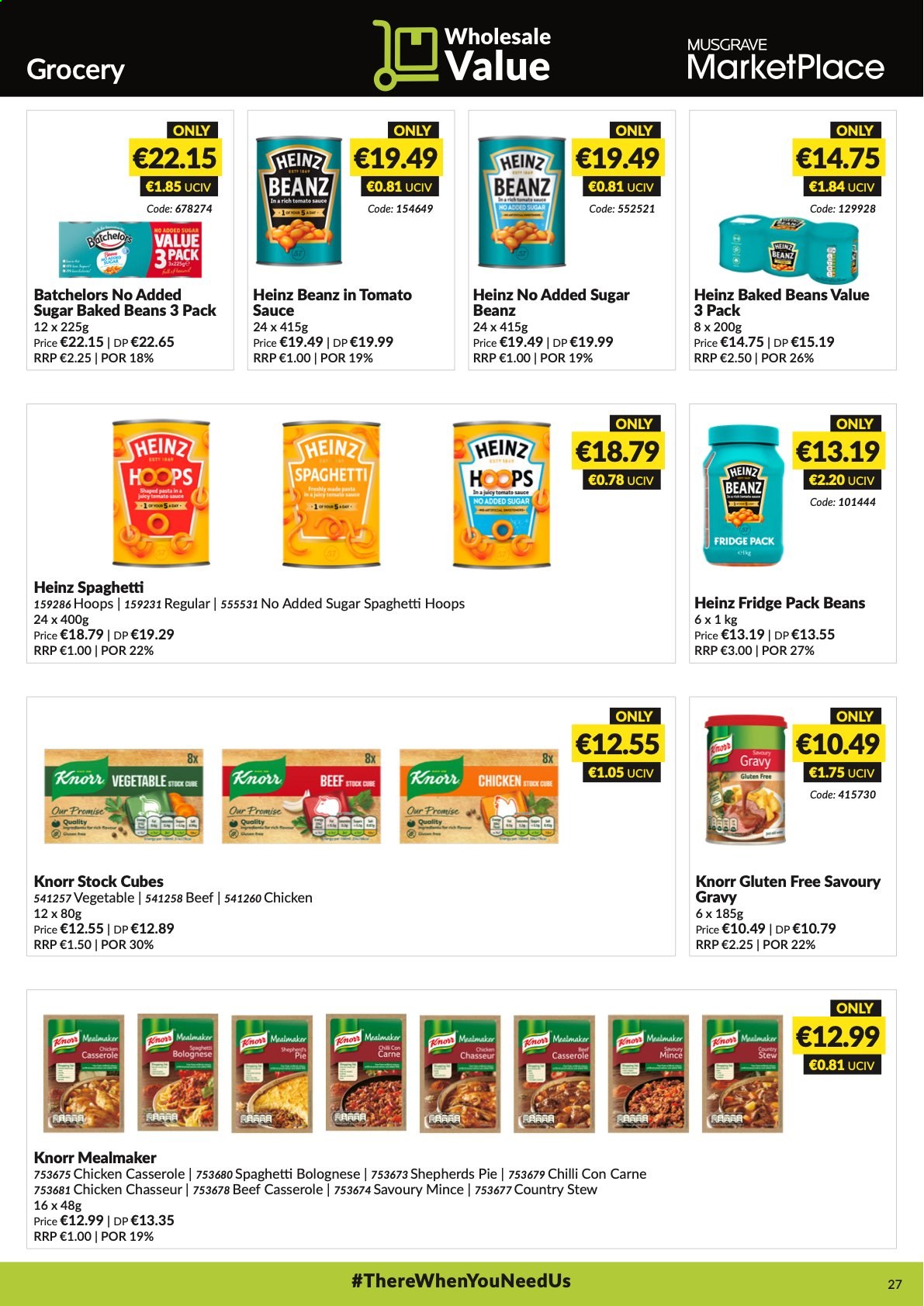 thumbnail - MUSGRAVE Market Place offer  - 29.08.2021 - 25.09.2021 - Sales products - beans, spaghetti, vegetable stock, Knorr, Heinz, baked beans, Ron Pelicano, casserole. Page 27.