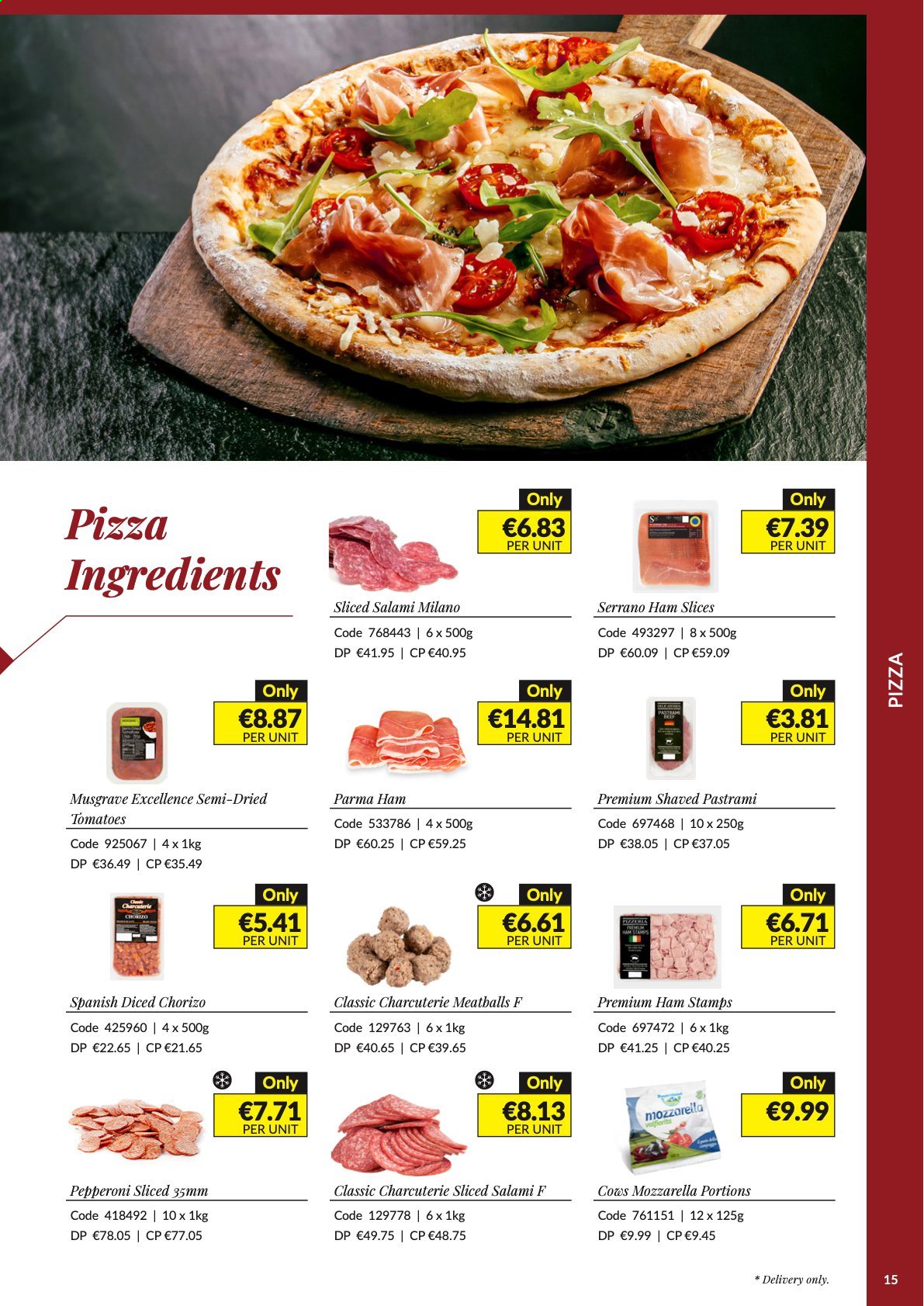thumbnail - MUSGRAVE Market Place offer  - 22.08.2021 - 02.10.2021 - Sales products - pizza, meatballs, salami, ham, pastrami, chorizo, pepperoni, beef meat. Page 15.