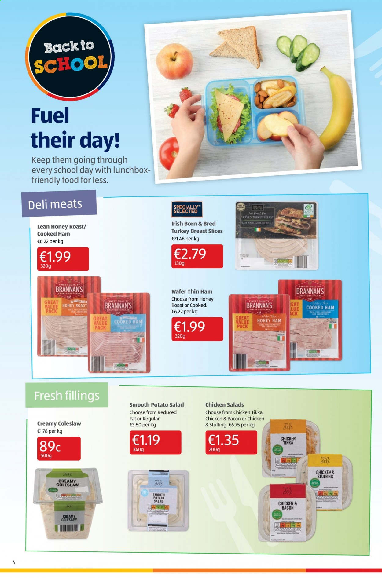 thumbnail - Aldi offer  - 02.09.2021 - 08.09.2021 - Sales products - salad, coleslaw, sandwich, bacon, cooked ham, ham, potato salad, wafers, turkey breast, meal box, Tikka. Page 4.