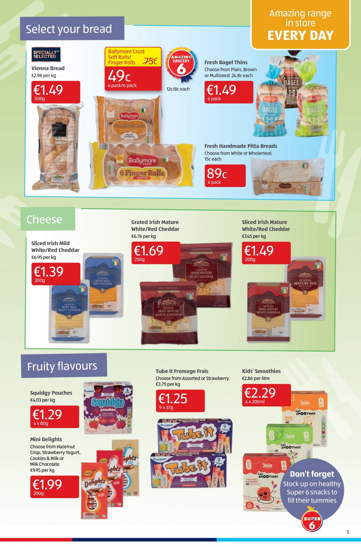 thumbnail - Aldi offer  - 02.09.2021 - 08.09.2021 - Sales products - bagels, cheddar, cheese, yoghurt, cookies, milk chocolate, chocolate, Thins, smoothie. Page 5.