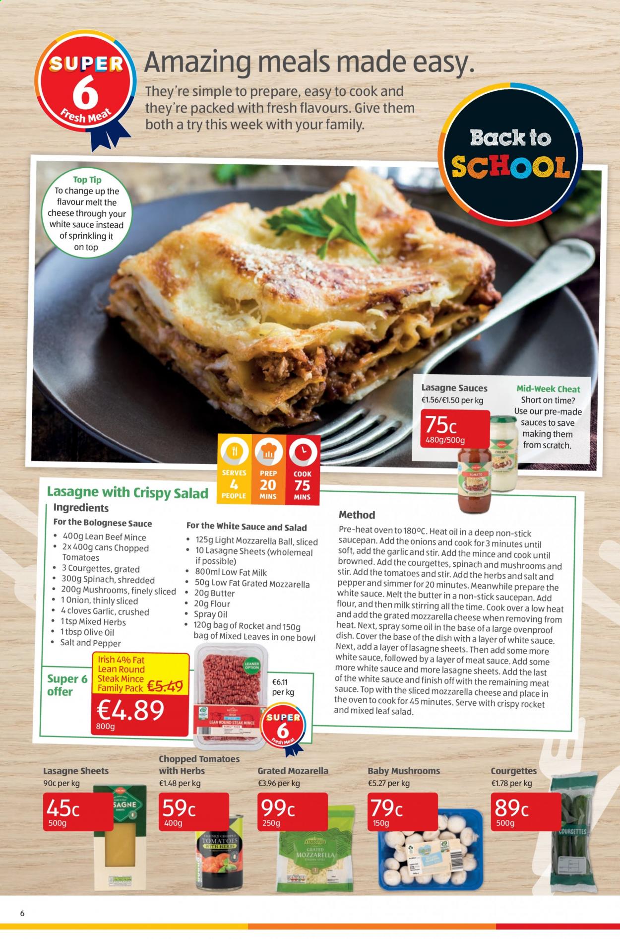thumbnail - Aldi offer  - 02.09.2021 - 08.09.2021 - Sales products - garlic, onion, bolognese sauce, mozzarella, cheese, milk, flour, chopped tomatoes, cloves, beef meat, ground beef, steak, round steak, saucepan, bowl. Page 6.