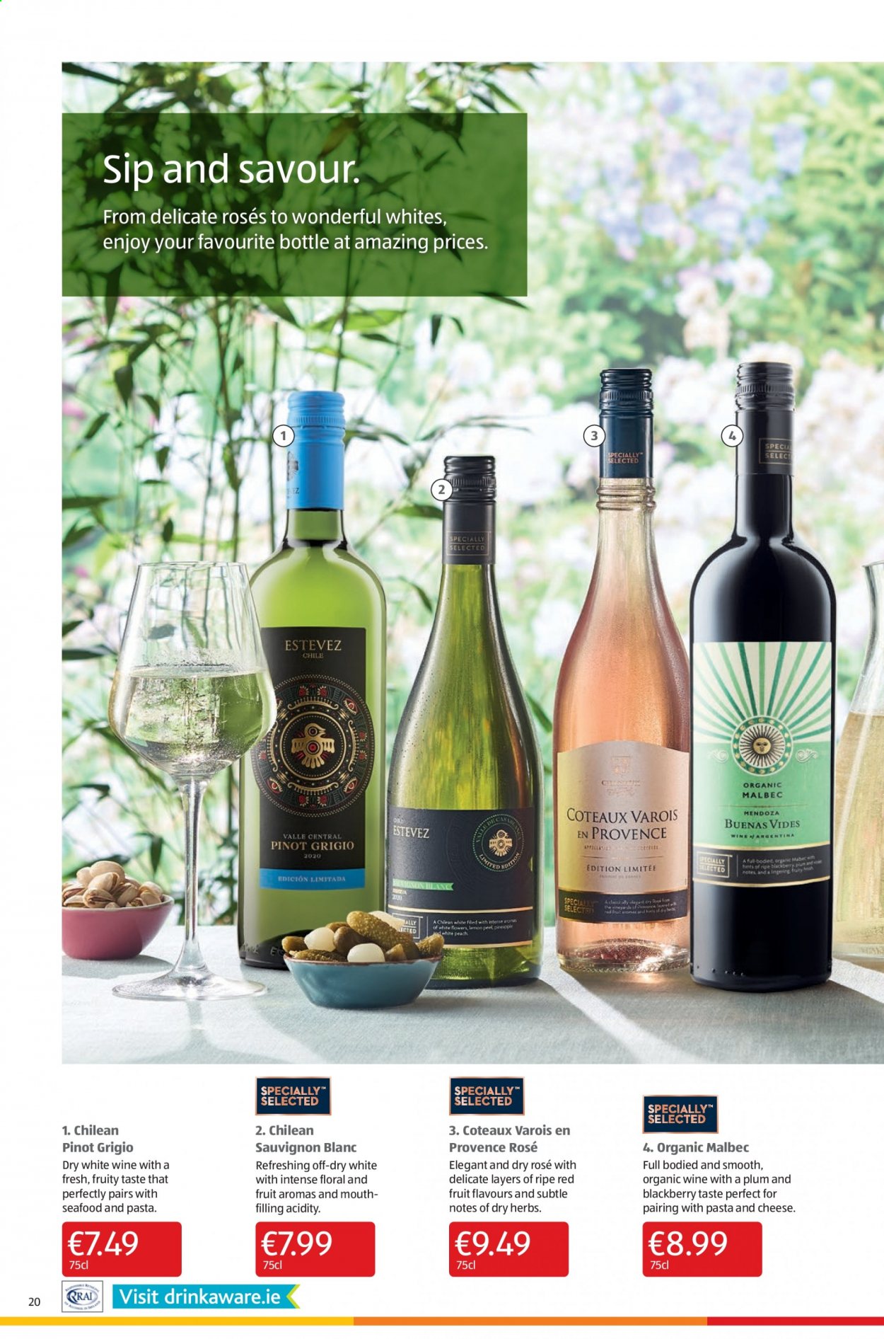 thumbnail - Aldi offer  - 02.09.2021 - 08.09.2021 - Sales products - seafood, herbs, red wine, white wine, wine, Pinot Grigio, Sauvignon Blanc, rosé wine. Page 20.