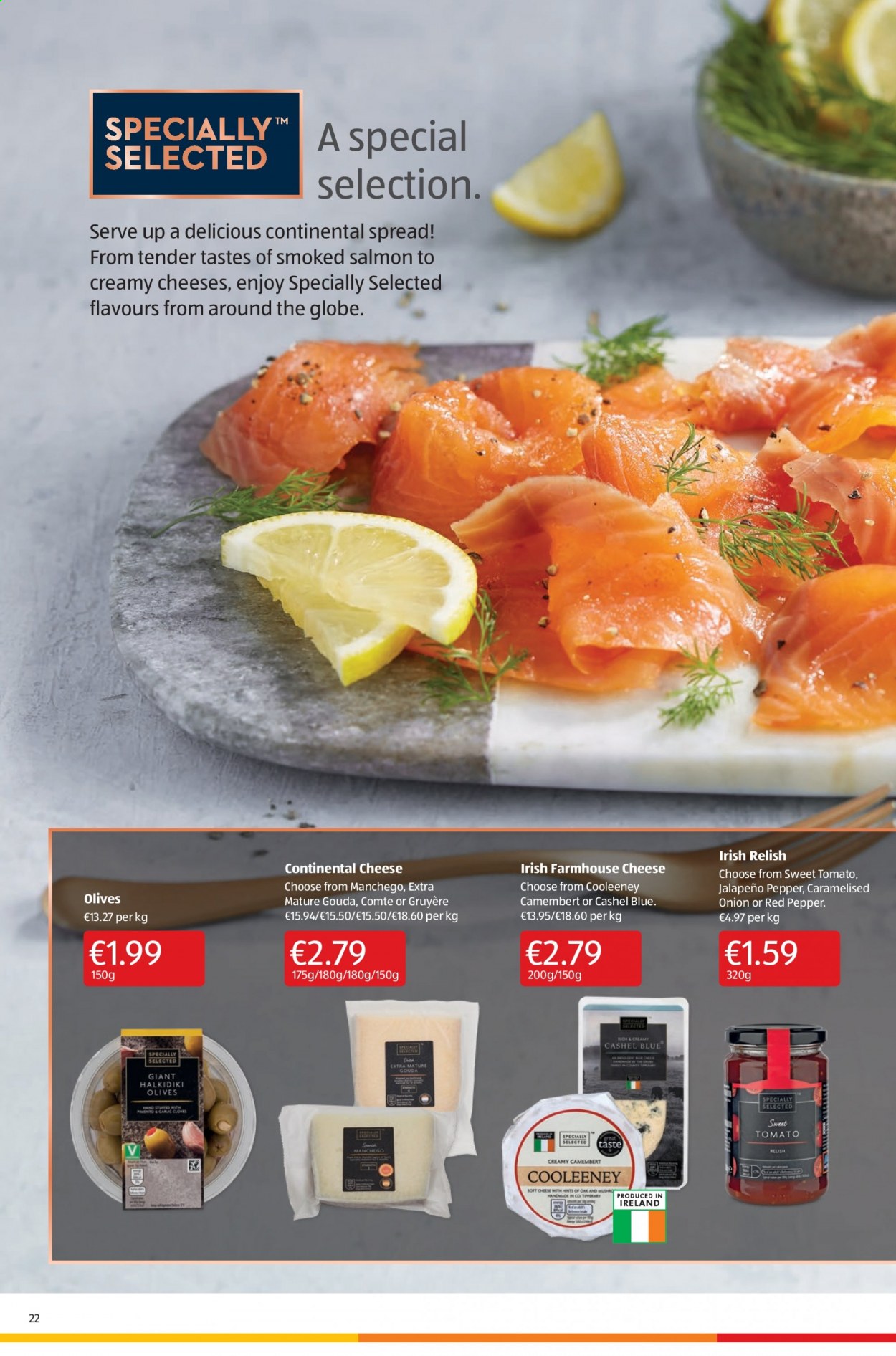 thumbnail - Aldi offer  - 02.09.2021 - 08.09.2021 - Sales products - jalapeño, salmon, smoked salmon, Continental, camembert, gouda, Gruyere, Manchego, cheese, olives. Page 22.