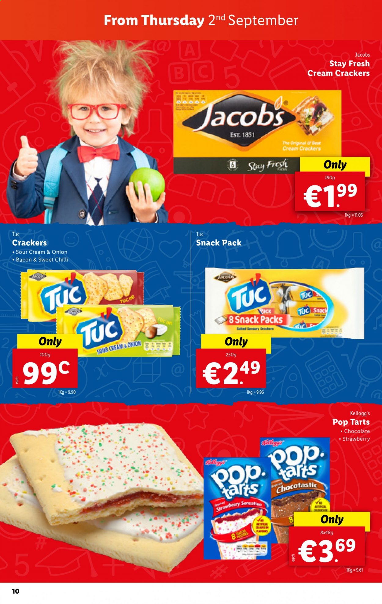 thumbnail - Lidl offer  - 02.09.2021 - 08.09.2021 - Sales products - bacon, chocolate, crackers, Kellogg's, Pop-Tarts, Jacobs. Page 10.