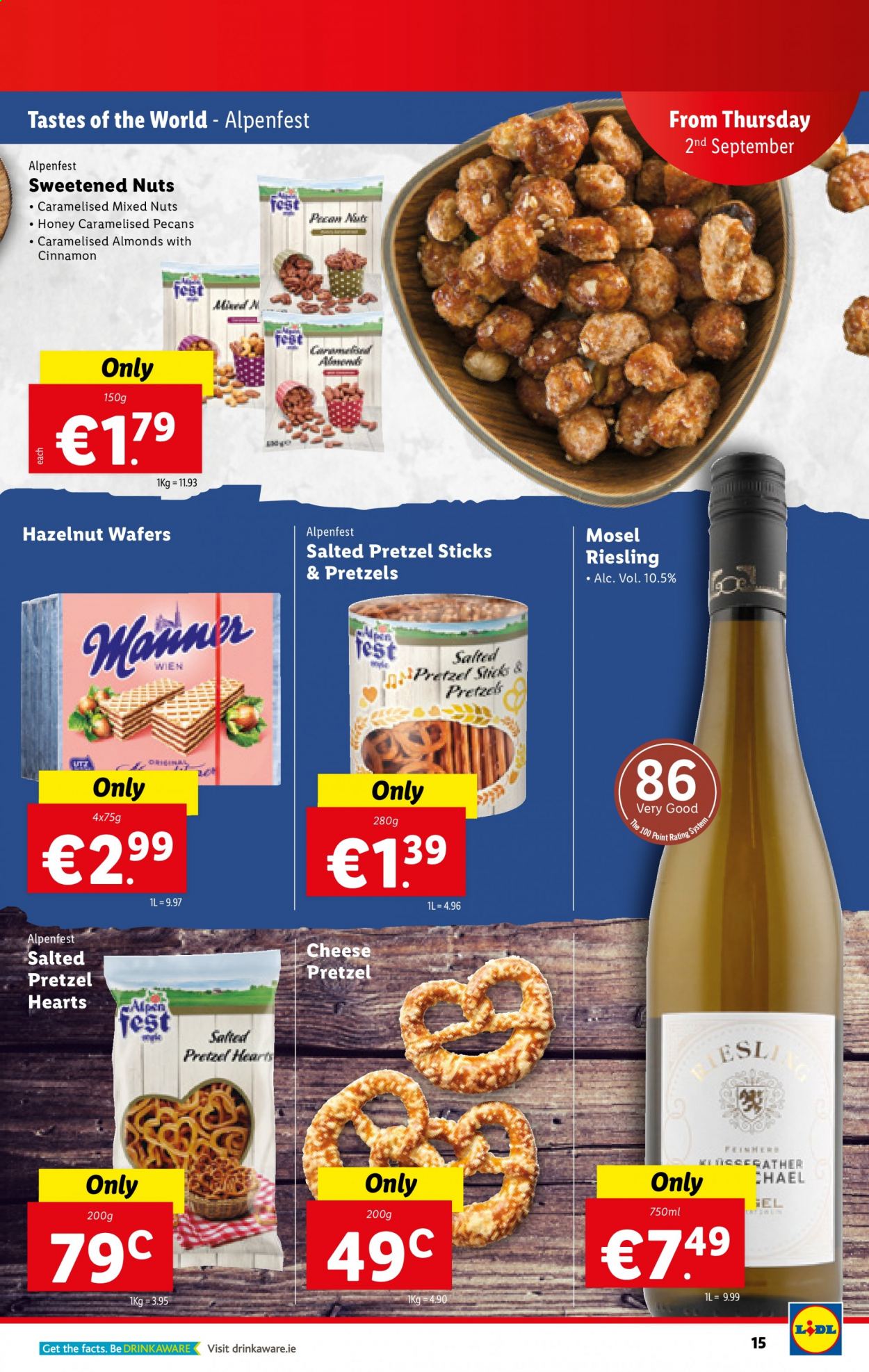 thumbnail - Lidl offer  - 02.09.2021 - 08.09.2021 - Sales products - pretzels, Alpen Fest, cheese, wafers, honey, almonds, pecans, mixed nuts, Riesling, white wine, wine. Page 15.