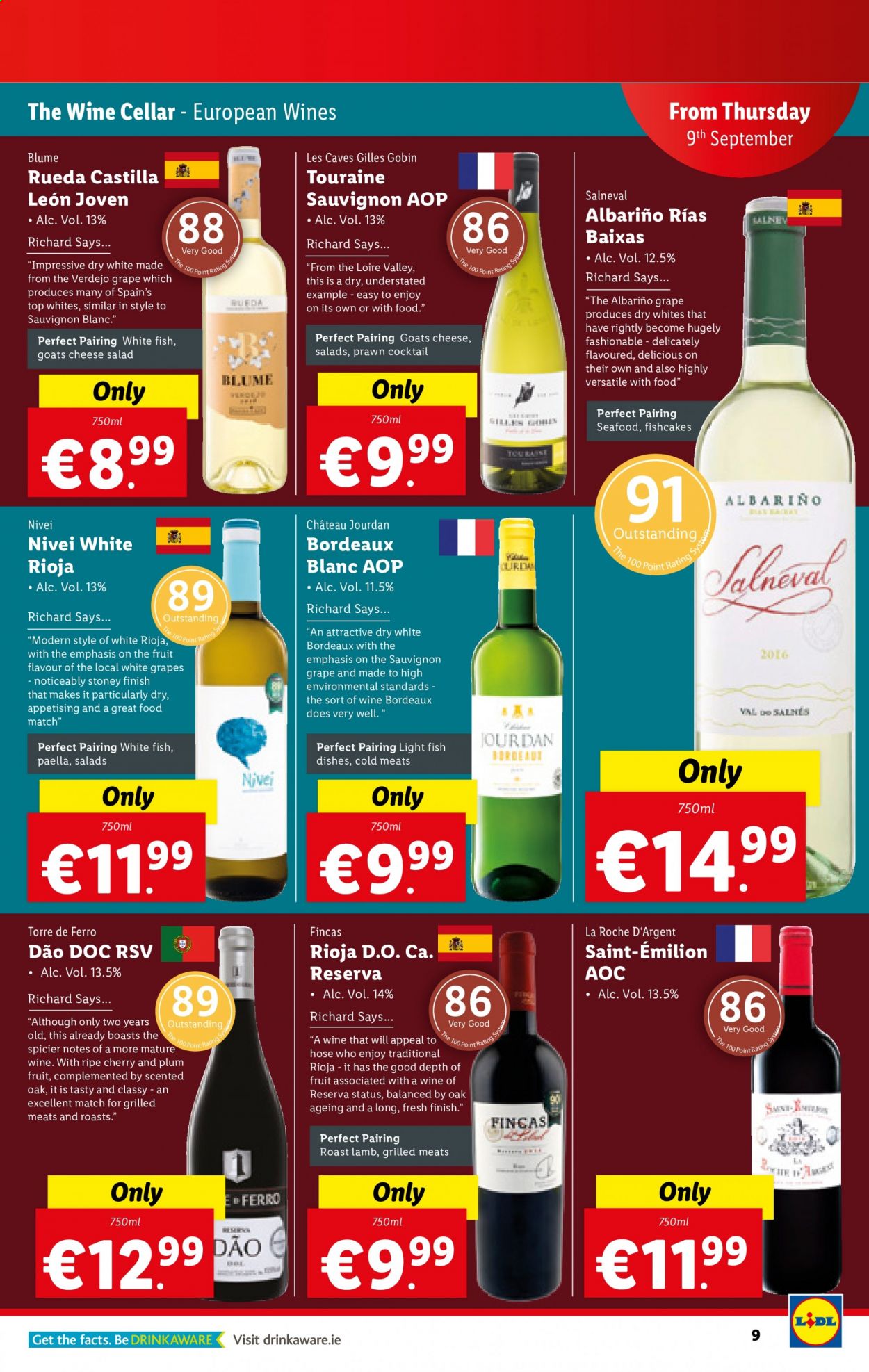 thumbnail - Lidl offer  - 09.09.2021 - 15.09.2021 - Sales products - salad, cherries, whitefish, seafood, prawns, fish, cheese, fish cake, white wine, Sauvignon Blanc. Page 9.