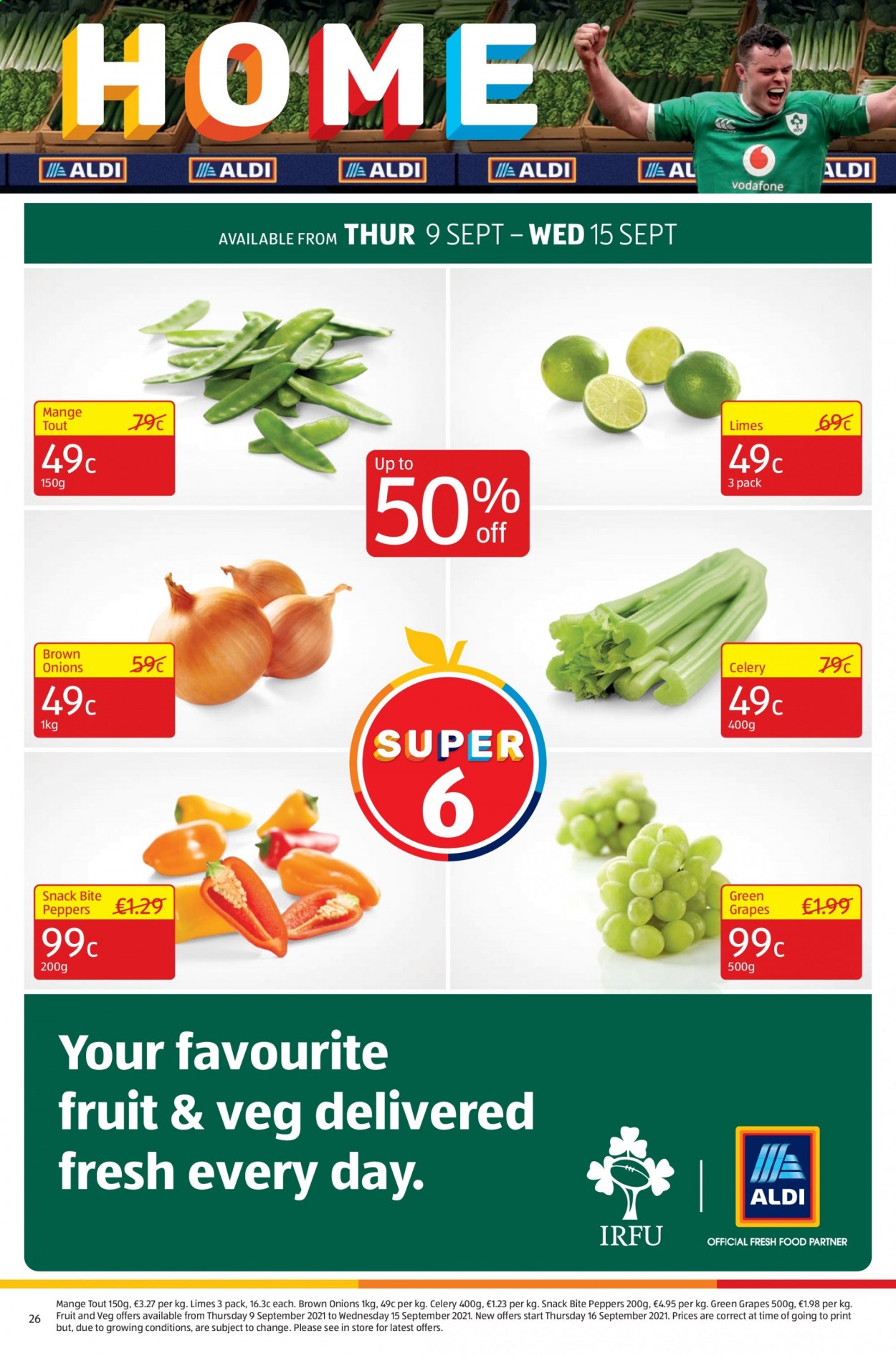 thumbnail - Aldi offer  - 09.09.2021 - 15.09.2021 - Sales products - celery, onion, peppers, grapes, limes, snack. Page 28.