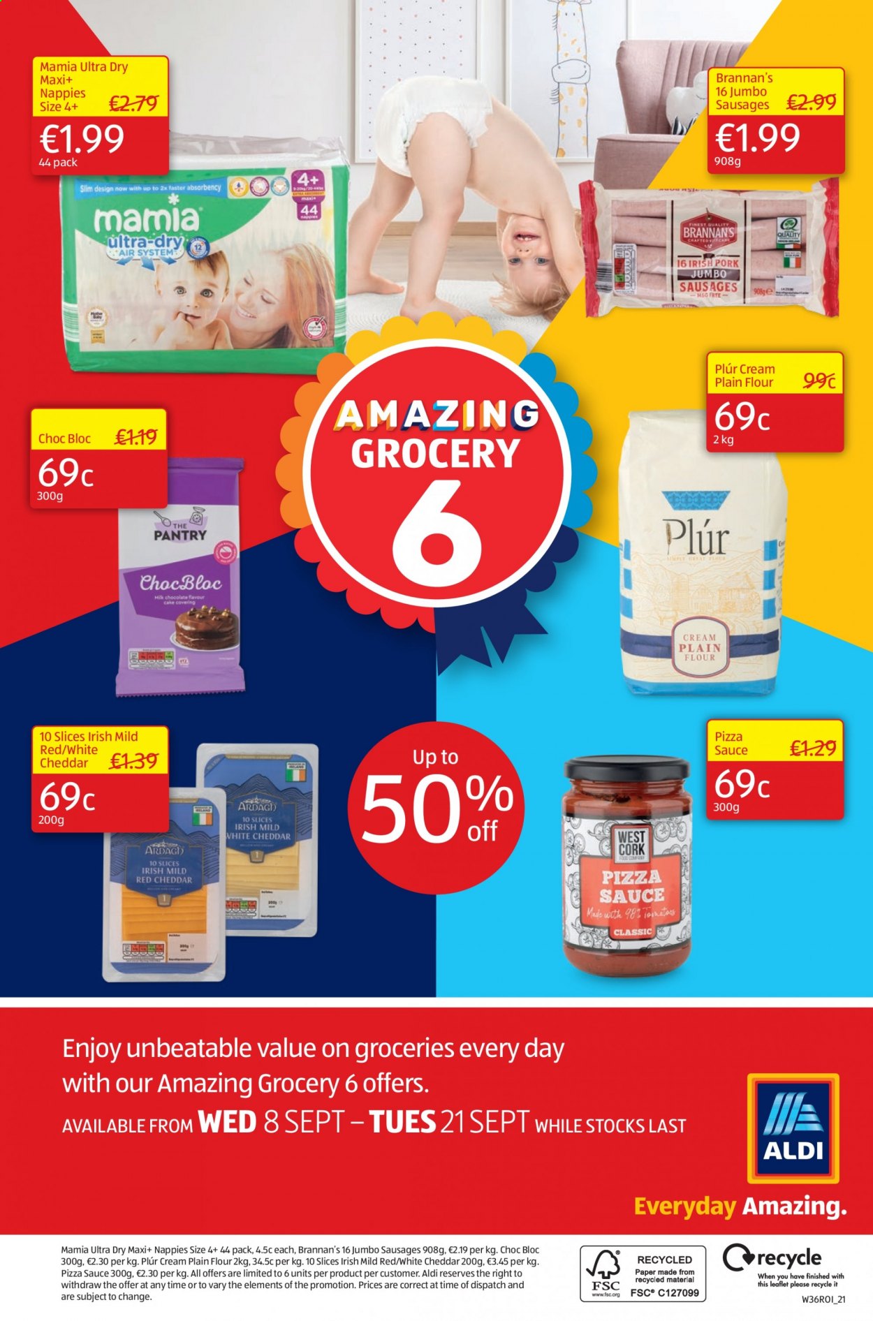 thumbnail - Aldi offer  - 09.09.2021 - 15.09.2021 - Sales products - sauce, sausage, cheddar, flour, nappies. Page 30.