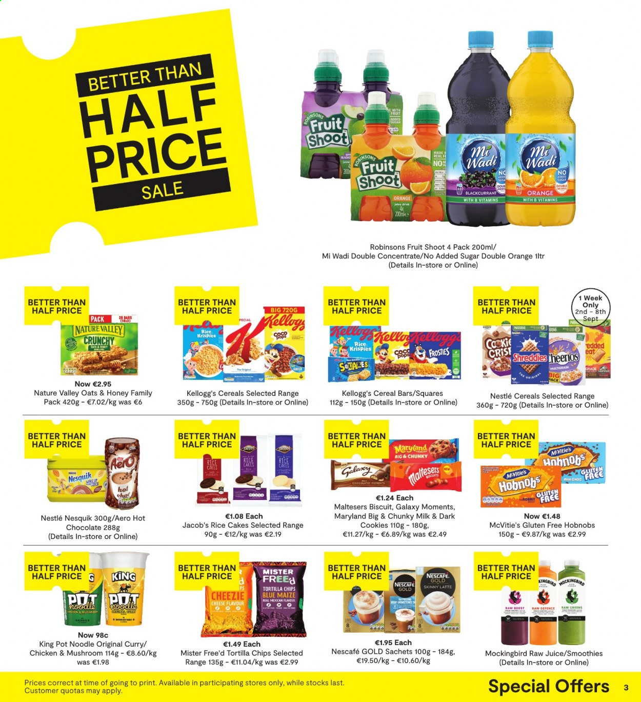 thumbnail - SuperValu offer  - 02.09.2021 - 15.09.2021 - Sales products - oranges, noodles, cheese, Nesquik, milk, cookies, Nestlé, cereal bar, Kellogg's, biscuit, Maltesers, tortilla chips, chips, cereals, Nature Valley, rice, honey, juice, smoothie, Boost, hot chocolate, Nescafé, Moments. Page 3.