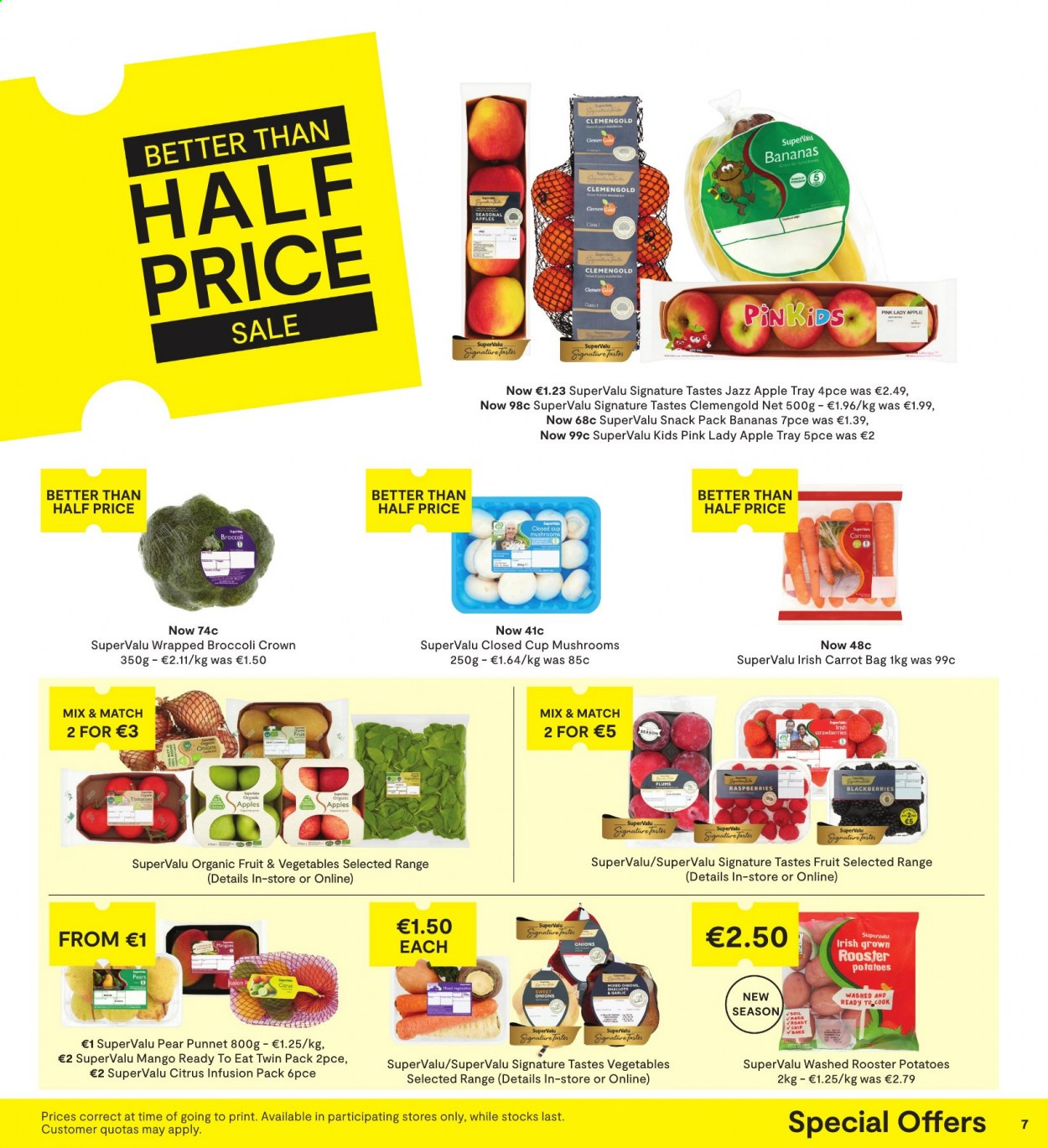thumbnail - SuperValu offer  - 02.09.2021 - 15.09.2021 - Sales products - plums, broccoli, carrots, shallots, potatoes, bananas, blackberries, strawberries, pears, apples, Pink Lady. Page 7.
