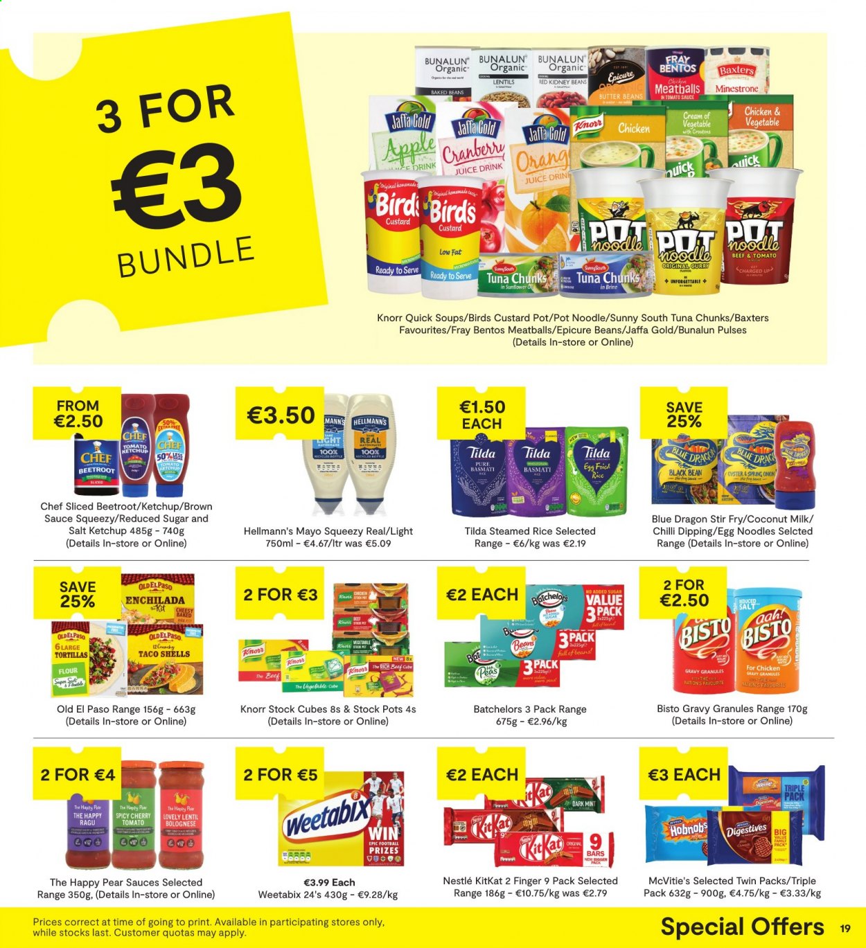 thumbnail - SuperValu offer  - 02.09.2021 - 15.09.2021 - Sales products - tortillas, Old El Paso, beans, peas, onion, green onion, beetroot, pears, tuna, oysters, enchiladas, meatballs, Knorr, noodles, custard, butter, mayonnaise, Hellmann’s, Nestlé, KitKat, coconut milk, lentils, kidney beans, baked beans, Weetabix, basmati rice, egg noodles, ketchup, chicken gravy, brown sauce, ragu, juice. Page 19.