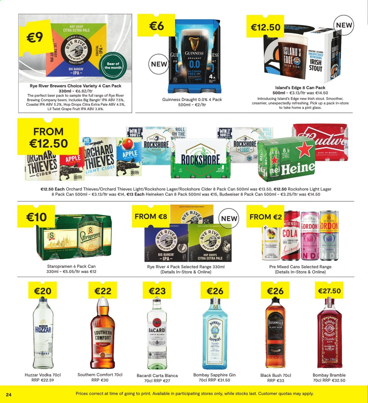 thumbnail - SuperValu offer  - 02.09.2021 - 15.09.2021 - Sales products - pineapple, brewer, tonic, Bacardi, gin, vodka, whiskey, whisky, cider, beer, Heineken, Guinness, Lager, IPA, Rockshore, roll-on, Budweiser. Page 24.