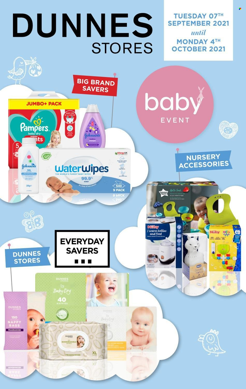 thumbnail - Dunnes Stores offer  - 07.09.2021 - 04.10.2021 - Sales products - wipes, Pampers, baby wipes, Johnson's, bag, nappy bag. Page 1.