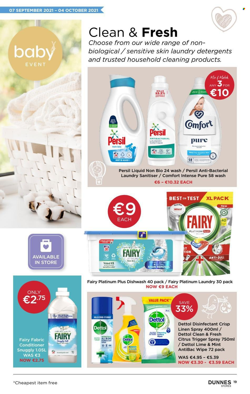 thumbnail - Dunnes Stores offer  - 07.09.2021 - 04.10.2021 - Sales products - Dettol, desinfection, Fairy, Persil, dishwashing liquid, conditioner, linens. Page 19.