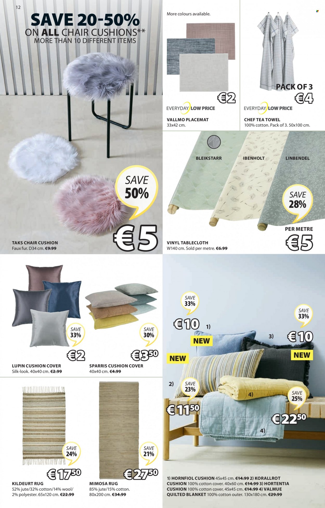 thumbnail - JYSK offer  - 09.09.2021 - 22.09.2021 - Sales products - chair, cushion, placemat, chair pad, tablecloth, tea towels, blanket, rug. Page 12.