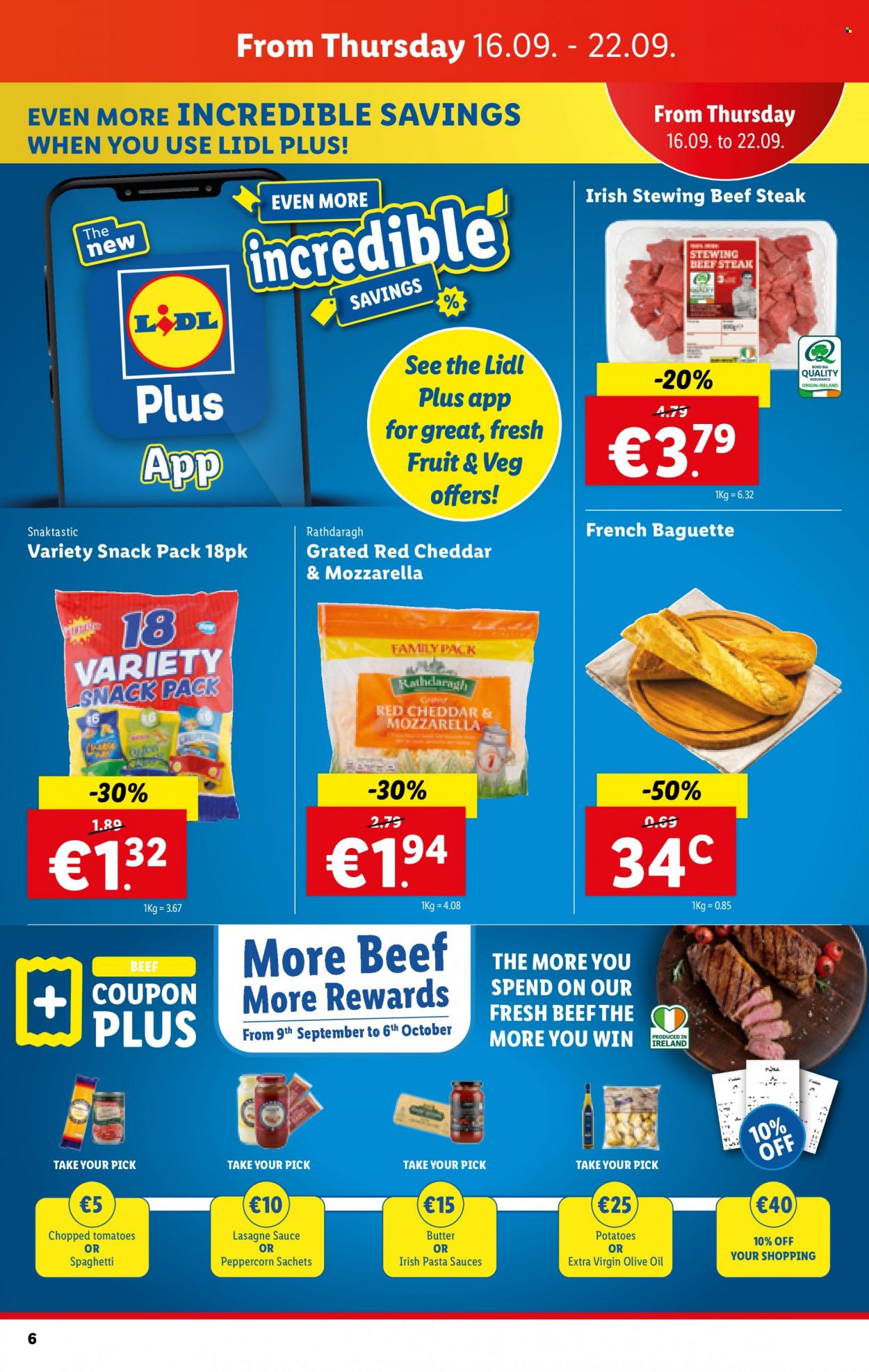 thumbnail - Lidl offer  - 16.09.2021 - 22.09.2021 - Sales products - baguette, tomatoes, potatoes, spaghetti, pasta, mozzarella, cheddar, cheese, butter, chopped tomatoes, extra virgin olive oil, olive oil, oil, beef meat, beef steak, steak, stewing beef. Page 6.