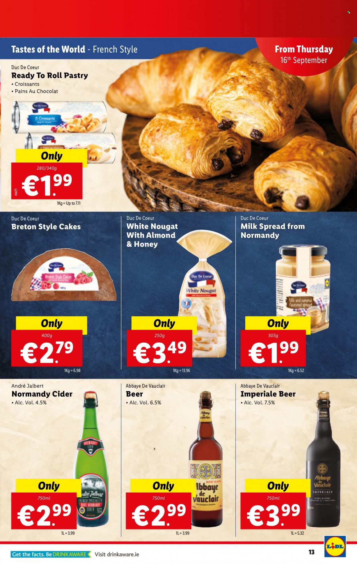 thumbnail - Lidl offer  - 16.09.2021 - 22.09.2021 - Sales products - cake, croissant, brie, almond milk, nougat, honey, cider, beer. Page 13.