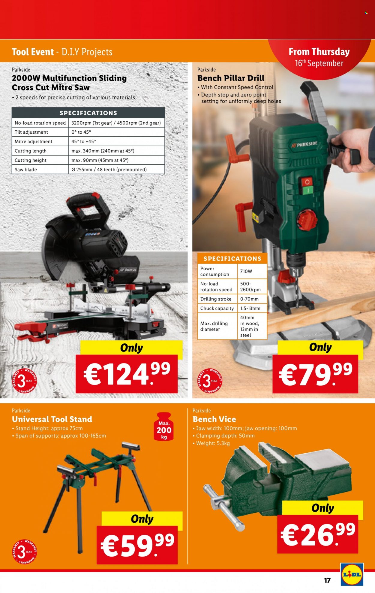 thumbnail - Lidl offer  - 16.09.2021 - 22.09.2021 - Sales products - Parkside, drill, saw, tool stand. Page 17.