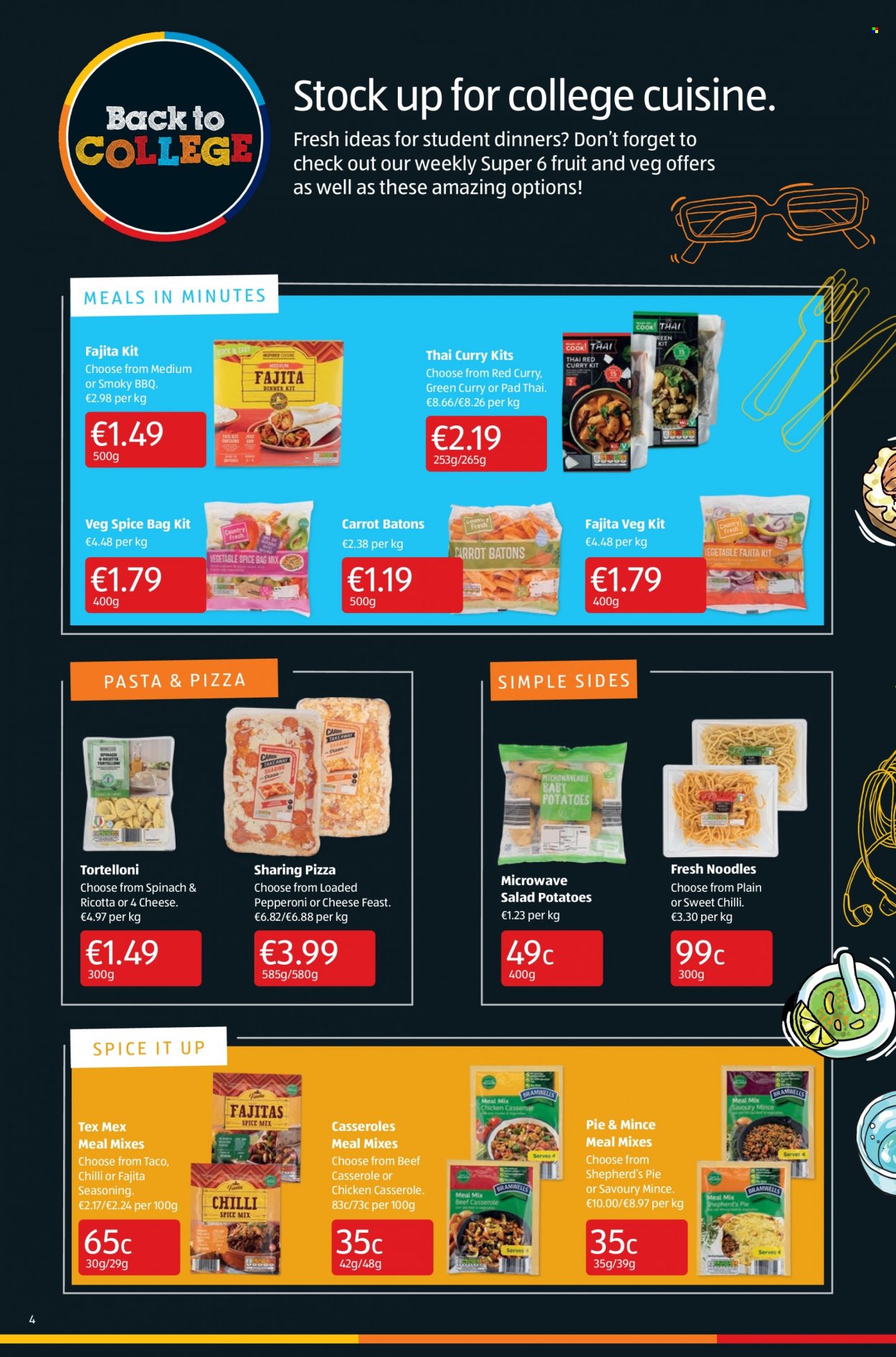 thumbnail - Aldi offer  - 16.09.2021 - 22.09.2021 - Sales products - pie, potatoes, salad, pizza, noodles, red curry, pepperoni, ricotta, spice, Fajita seasoning, casserole. Page 4.