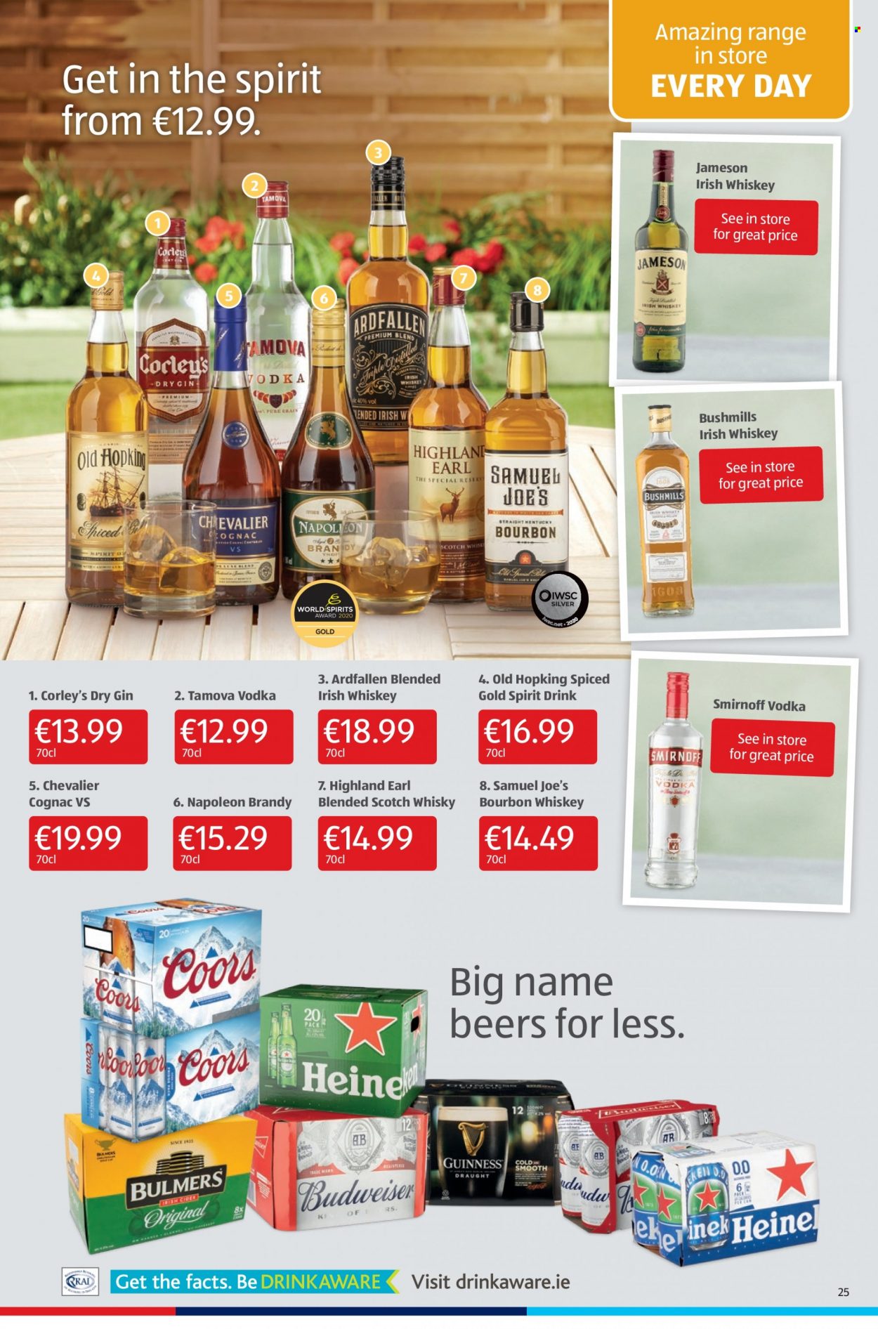 thumbnail - Aldi offer  - 16.09.2021 - 22.09.2021 - Sales products - bourbon, brandy, cognac, gin, Smirnoff, vodka, whiskey, irish whiskey, Jameson, bourbon whiskey, scotch whisky, whisky, cider, beer, Bulmers, Guinness, Budweiser, Coors. Page 25.