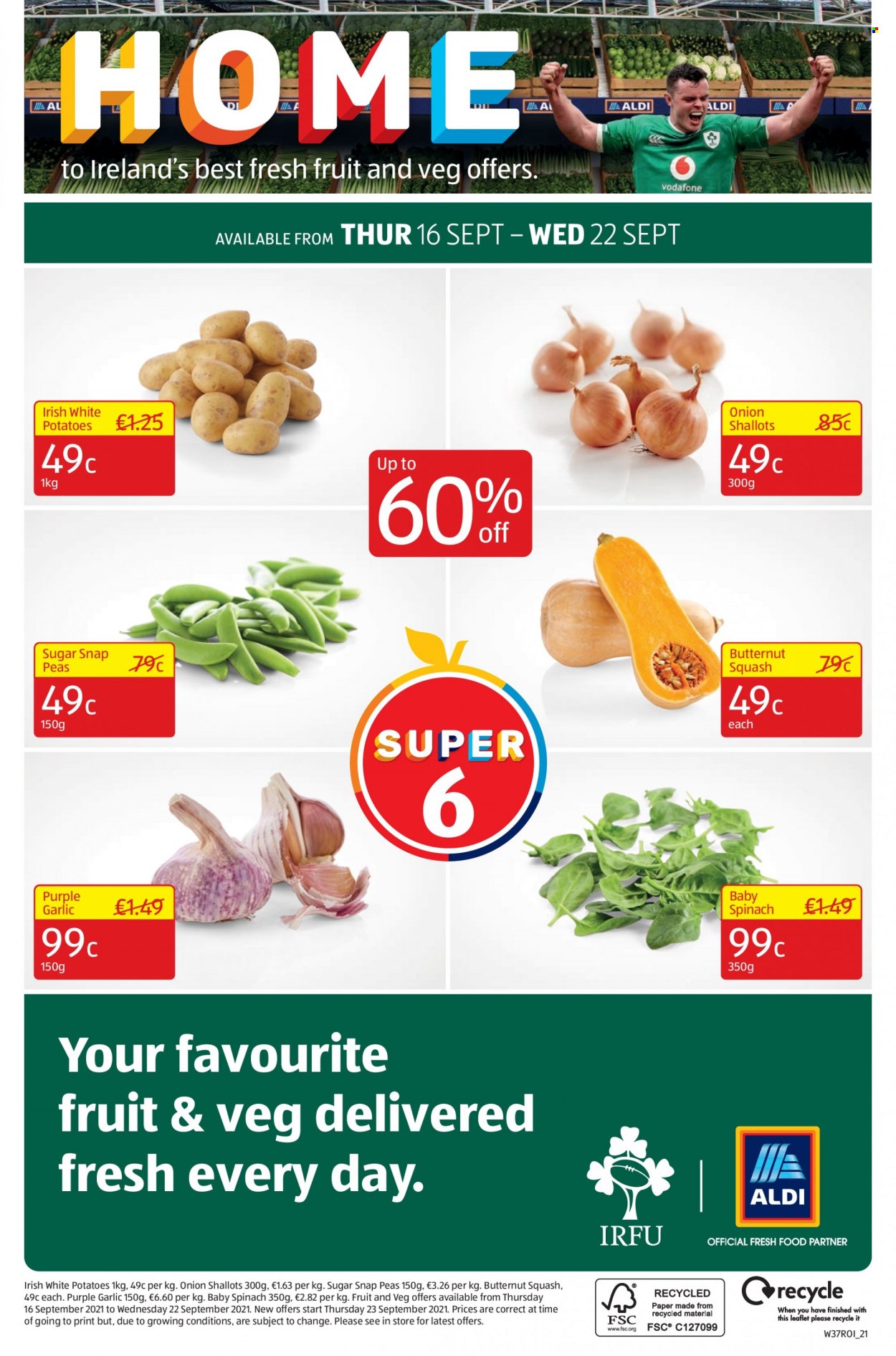 thumbnail - Aldi offer  - 16.09.2021 - 22.09.2021 - Sales products - butternut squash, garlic, shallots, spinach, potatoes, peas, onion, snap peas. Page 28.