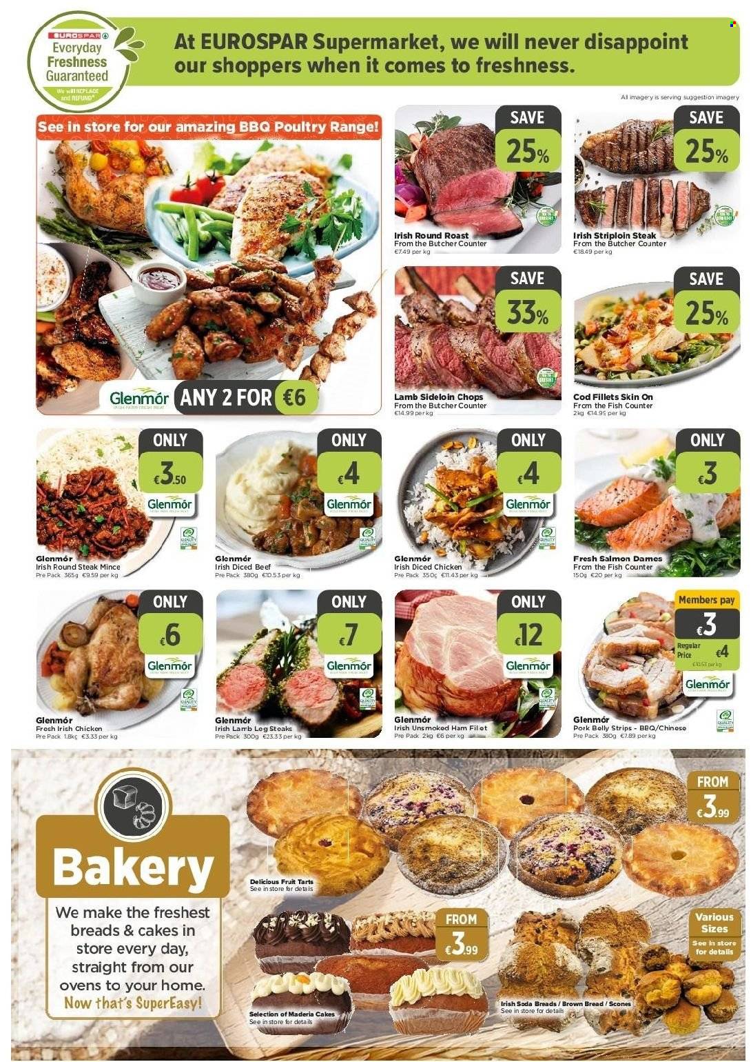 EUROSPAR offer  - 9.9.2021 - 29.9.2021 - Sales products - bread, cake, brown bread, cod, salmon, fish, ham, strips, soda, beef meat, steak, round roast, round steak, striploin steak, pork belly, pork meat, lamb meat, lamb leg. Page 2.