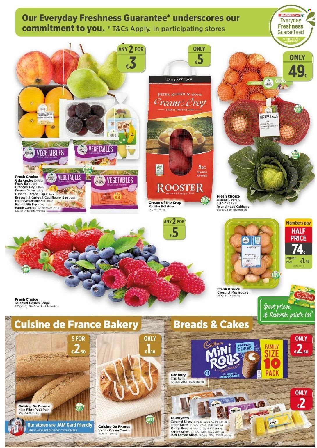 thumbnail - EUROSPAR offer  - 09.09.2021 - 29.09.2021 - Sales products - plums, cake, broccoli, cabbage, carrots, potatoes, onion, Gala, pears, apples, fajita, milk, chocolate, Cadbury, caramel, fruit jam, tray, turnips. Page 3.
