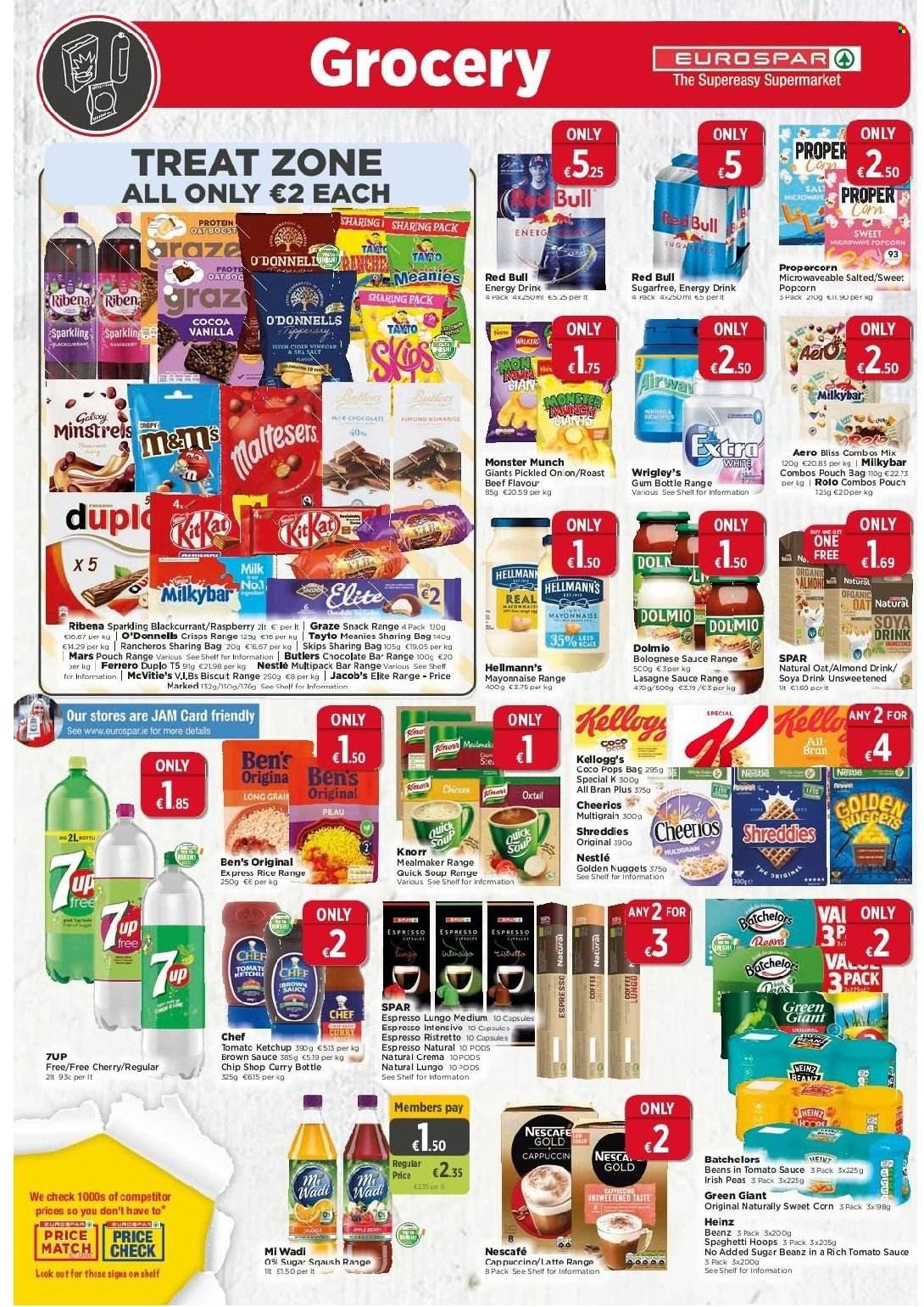 EUROSPAR offer  - 9.9.2021 - 29.9.2021 - Sales products - beans, corn, peas, sweet corn, cherries, spaghetti, soup, nuggets, Knorr, bolognese sauce, milk, mayonnaise, Hellmann’s, Nestlé, chocolate, snack, Ferrero Rocher, Mars, Monster Munch, Kellogg's, biscuit, Milky bar, TAYTO, popcorn, cocoa, oats, Heinz, Cheerios, coco pops, rice, ketchup, brown sauce, jam, Graze, energy drink, Monster, 7UP, Red Bull, Boost, cappuccino, Nescafé, Intenso, cider, beef meat, oxtail, roast beef. Page 6.