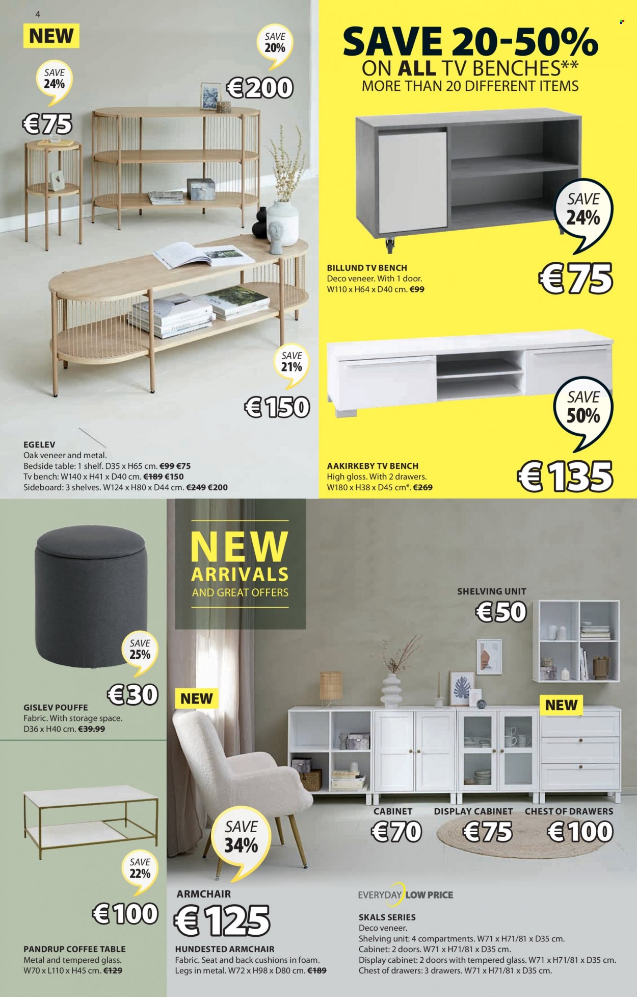 thumbnail - JYSK offer  - 16.09.2021 - 29.09.2021 - Sales products - cabinet, table, bench, arm chair, pouffe, coffee table, tv bench, sideboard, chest of drawers, shelves, shelf unit, bedside table, cushion. Page 4.