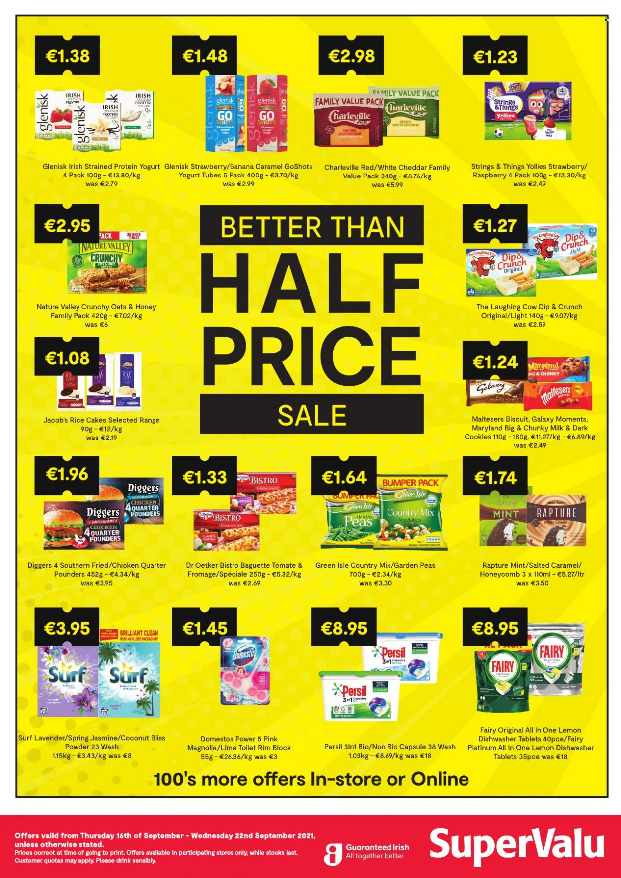 thumbnail - SuperValu offer  - 16.09.2021 - 22.09.2021 - Sales products - baguette, peas, cheese, The Laughing Cow, Dr. Oetker, yoghurt, milk, cookies, biscuit, Maltesers, Nature Valley, rice, honey, Domestos, Fairy, Persil, Surf, dishwasher cleaner, dishwasher tablets, Moments. Page 2.