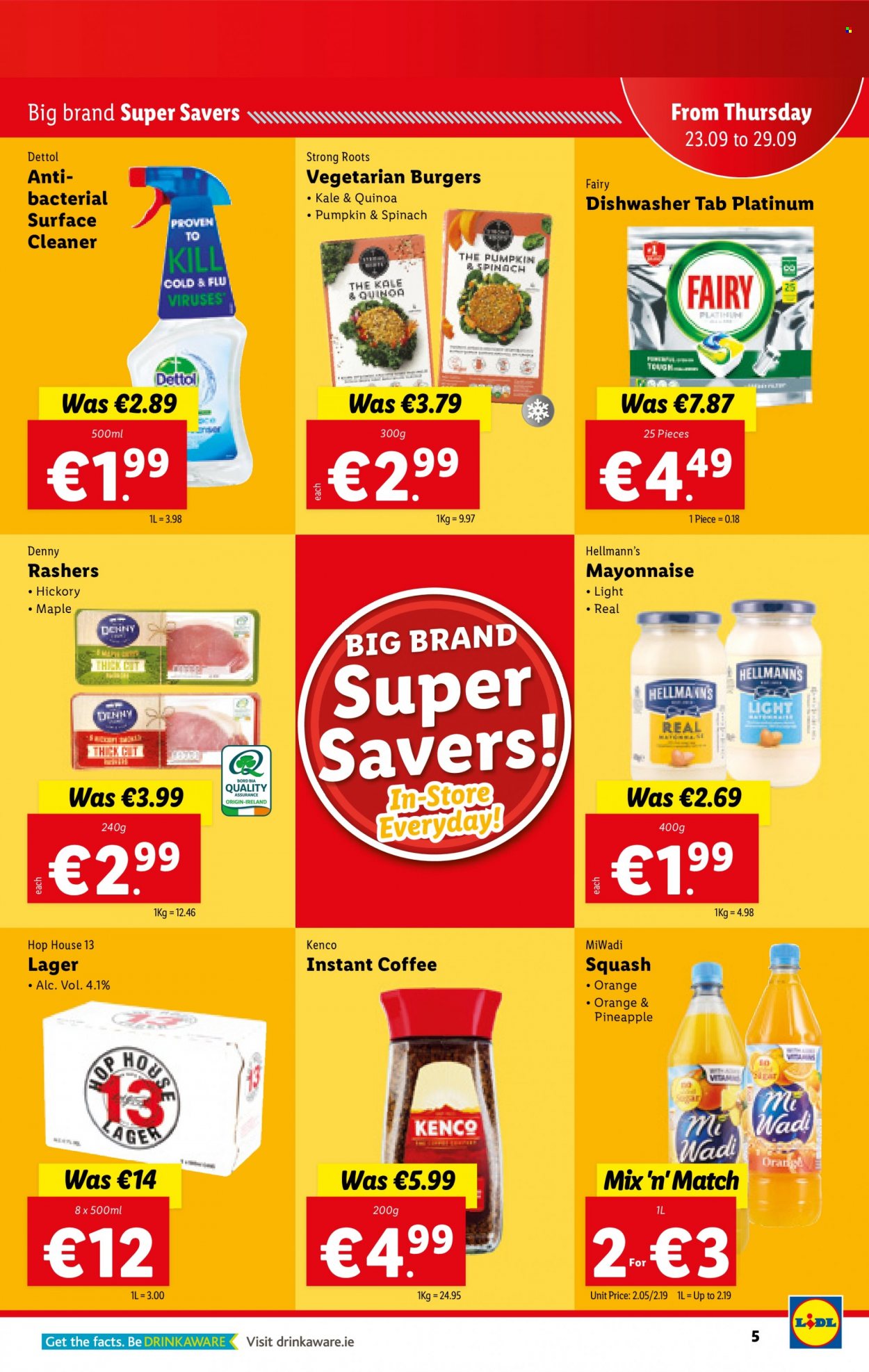 thumbnail - Lidl offer  - 23.09.2021 - 29.09.2021 - Sales products - pineapple, oranges, hamburger, veggie burger, mayonnaise, Hellmann’s, quinoa, instant coffee, beer, Lager, Dettol, surface cleaner, cleaner, Fairy, Cold & Flu. Page 5.