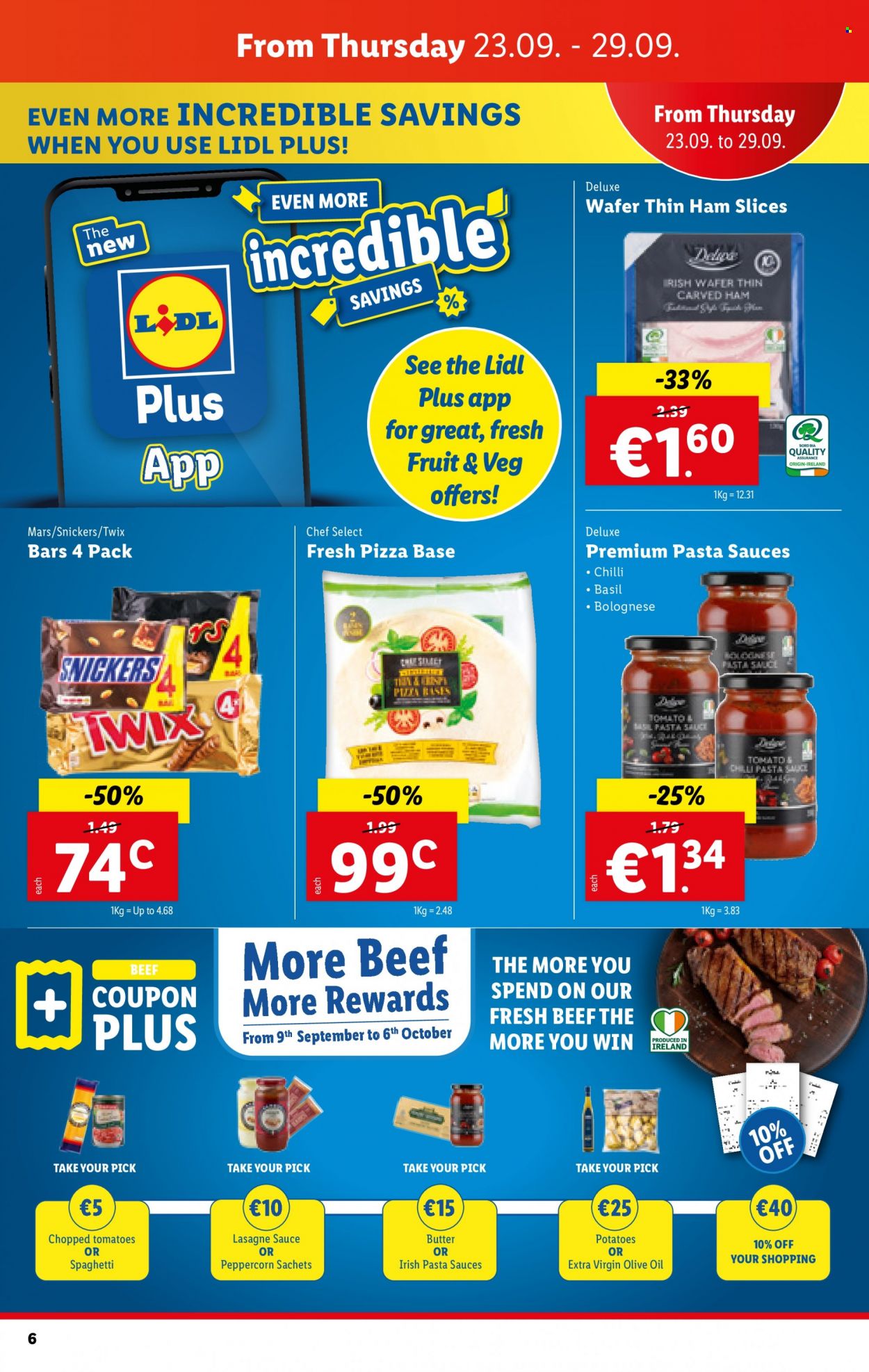 thumbnail - Lidl offer  - 23.09.2021 - 29.09.2021 - Sales products - potatoes, pizza, pasta, ham, butter, pizza dough, wafers, Snickers, Twix, Mars, chopped tomatoes, esponja, extra virgin olive oil, olive oil, oil. Page 6.
