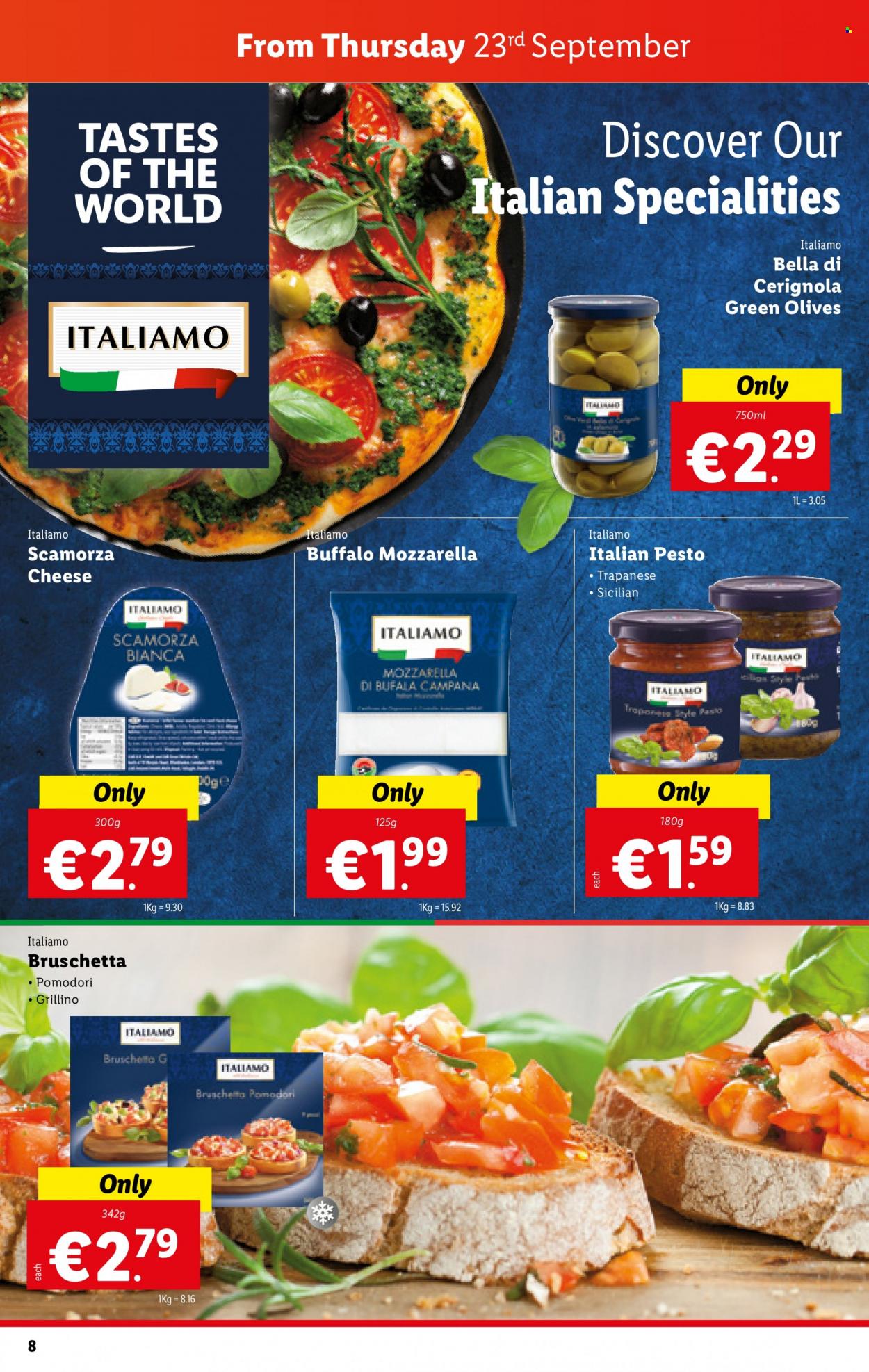thumbnail - Lidl offer  - 23.09.2021 - 29.09.2021 - Sales products - Bella, bruschetta, mozzarella, cheese, olives, pesto. Page 8.