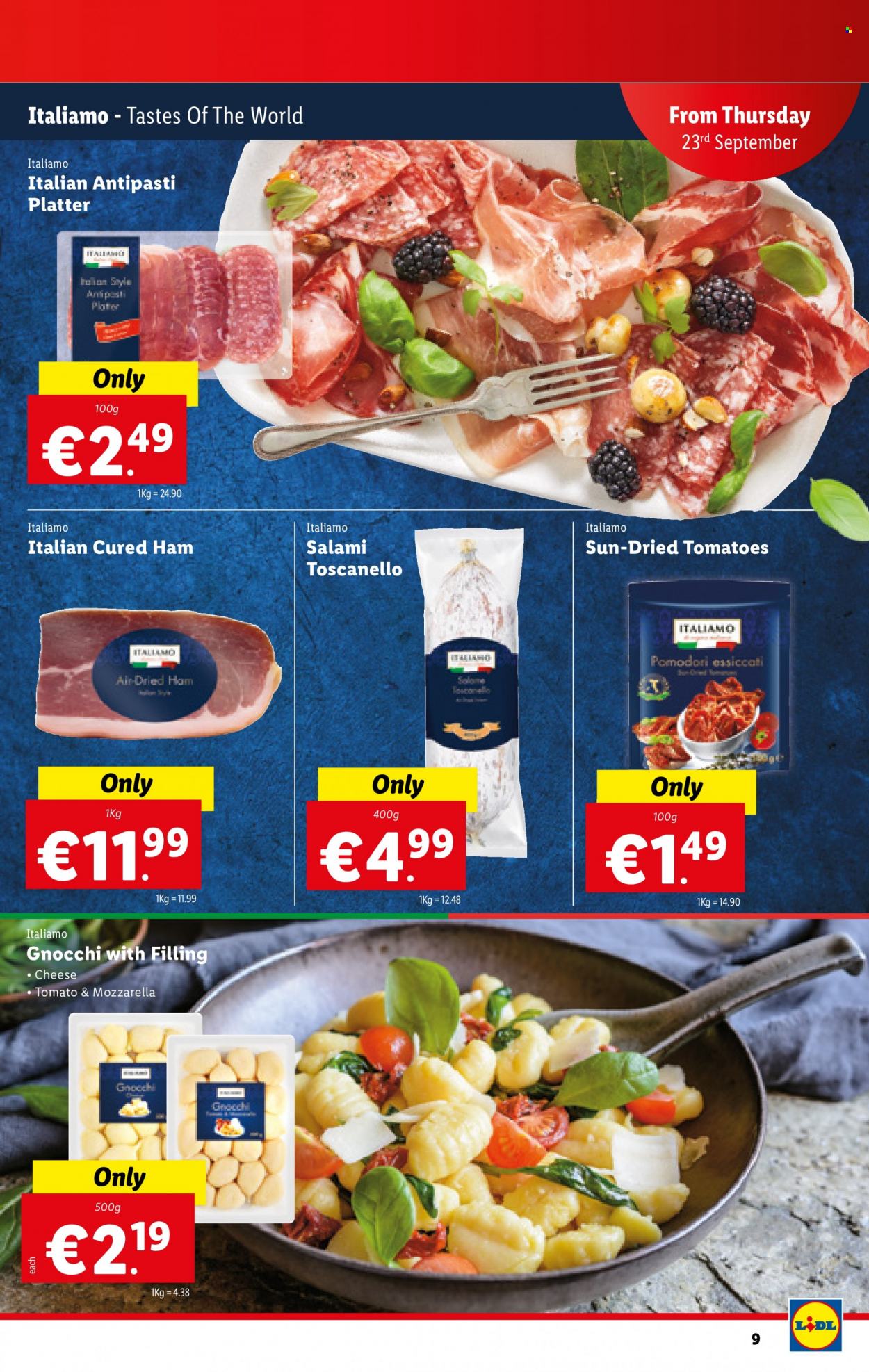 thumbnail - Lidl offer  - 23.09.2021 - 29.09.2021 - Sales products - gnocchi, salami, ham, prosciutto, mozzarella, cheese, dried tomatoes. Page 9.
