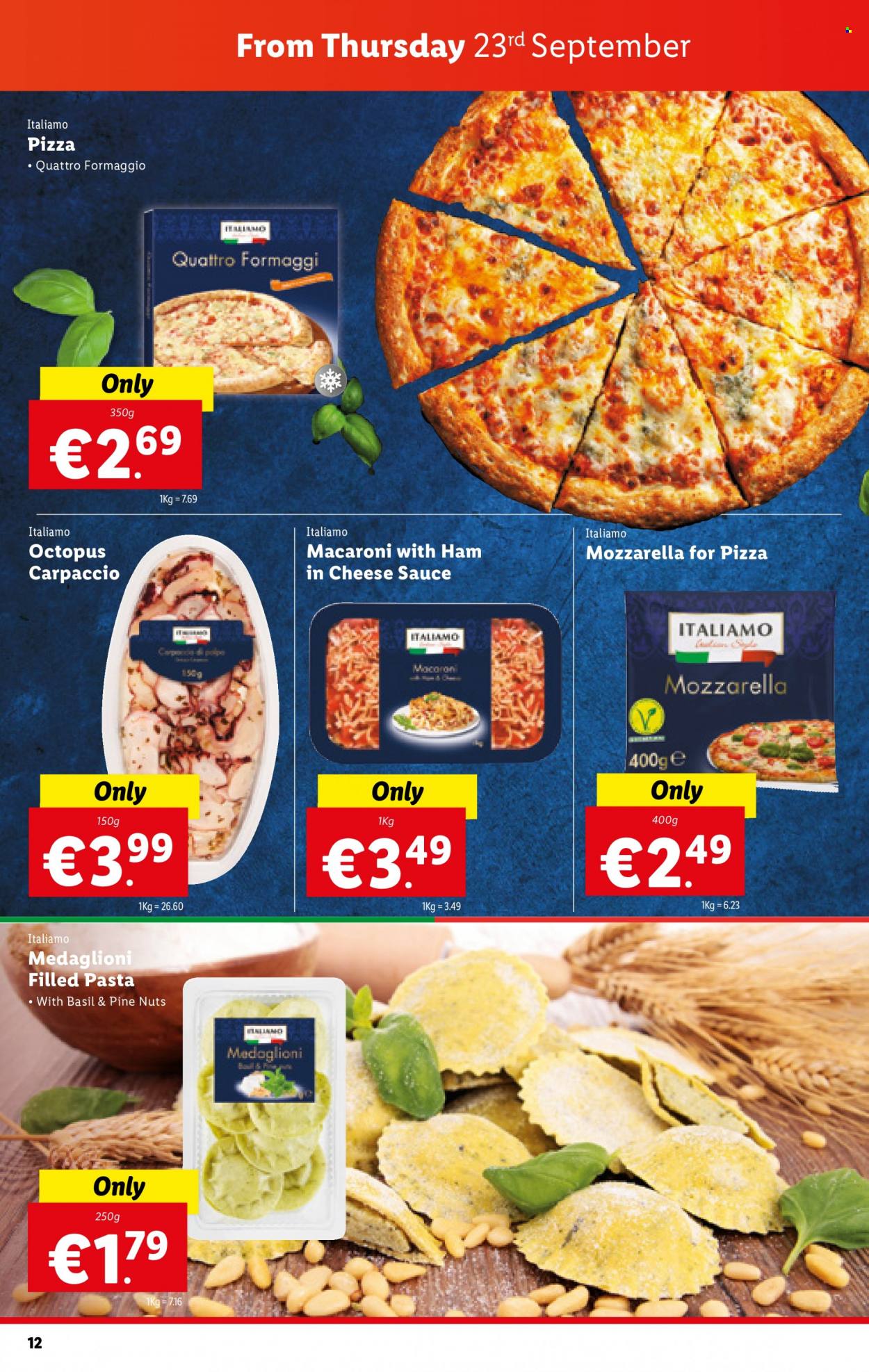 thumbnail - Lidl offer  - 23.09.2021 - 29.09.2021 - Sales products - octopus, pizza, macaroni, pasta, sauce, filled pasta, ham, Ego, esponja. Page 12.