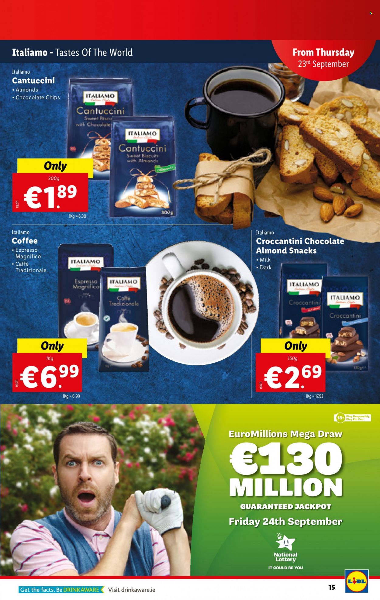 thumbnail - Lidl offer  - 23.09.2021 - 29.09.2021 - Sales products - milk, chocolate, snack, biscuit, chips, almonds, coffee. Page 15.