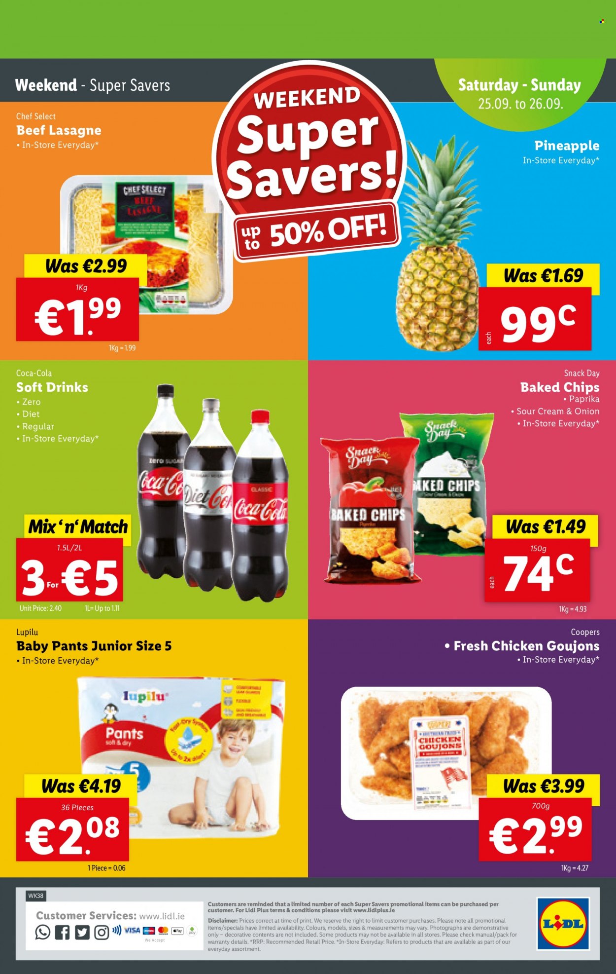thumbnail - Lidl offer  - 23.09.2021 - 29.09.2021 - Sales products - Lupilu, pineapple, lasagna meal, snack, chips, Coca-Cola, soft drink, pants, baby pants. Page 32.