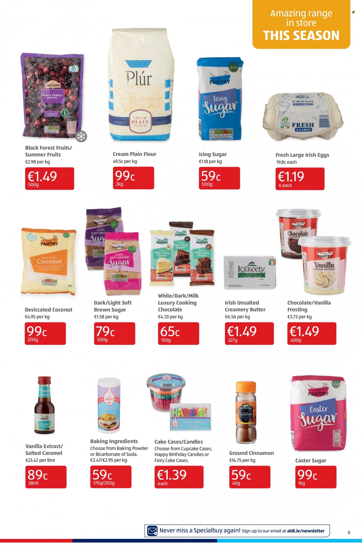 thumbnail - Aldi offer  - 23.09.2021 - 29.09.2021 - Sales products - cake, cupcake, coconut, milk, eggs, butter, chocolate, bicarbonate of soda, cane sugar, flour, frosting, icing sugar, caster sugar, vanilla extract, cinnamon, shredded coconut, Fairy, candle. Page 9.