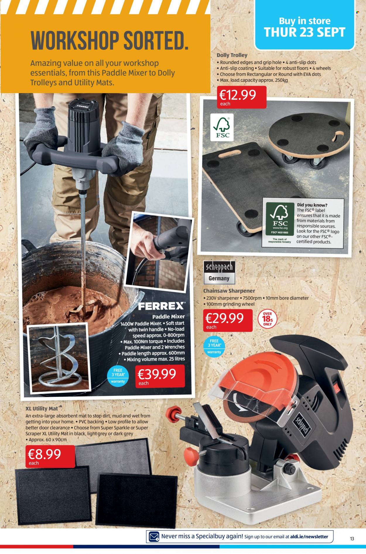 thumbnail - Aldi offer  - 23.09.2021 - 29.09.2021 - Sales products - trolley, sharpener, chain saw, grinding wheel. Page 13.