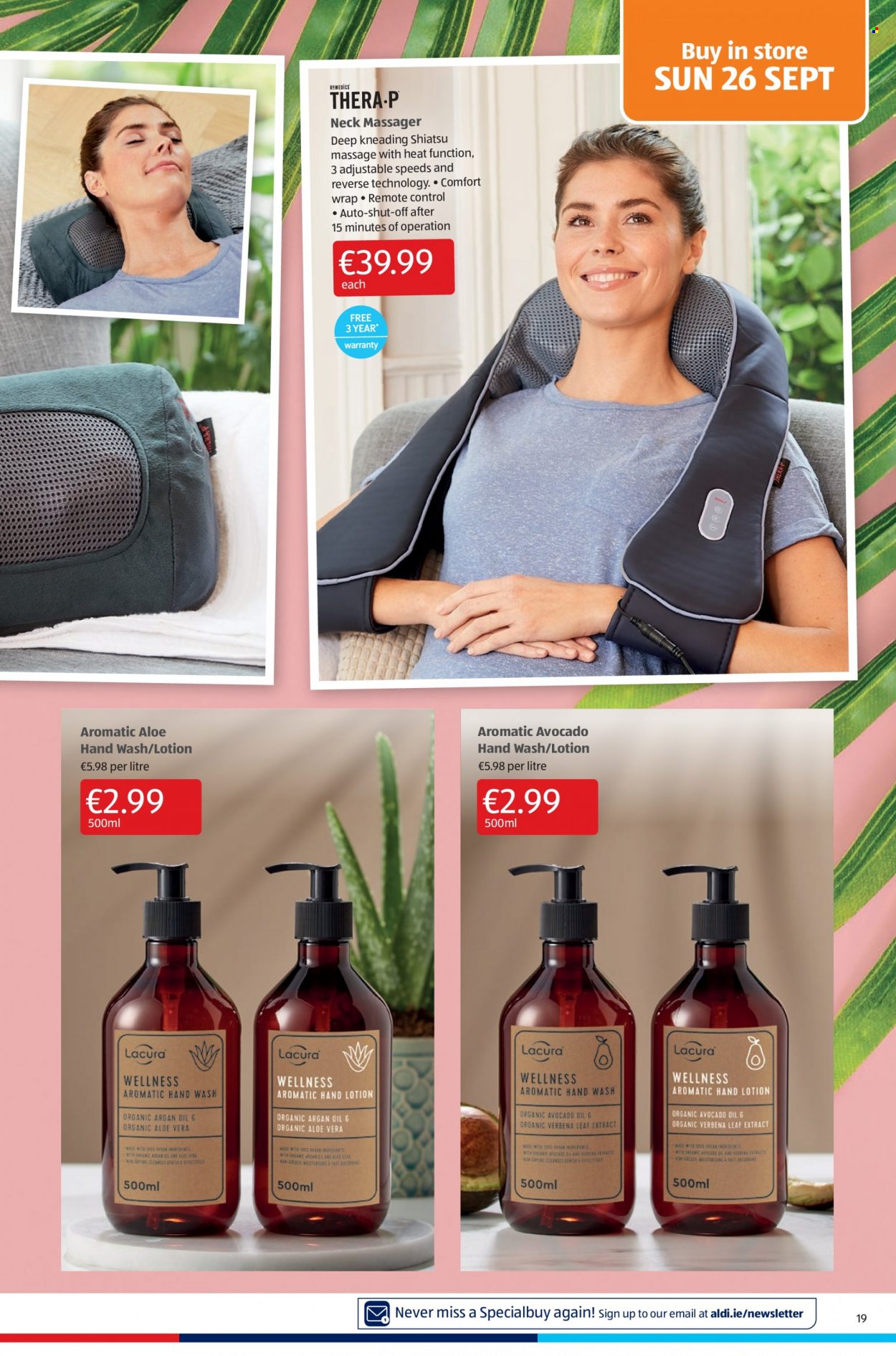thumbnail - Aldi offer  - 23.09.2021 - 29.09.2021 - Sales products - avocado oil, hand wash, body lotion, massager, neck massager, argan oil. Page 19.