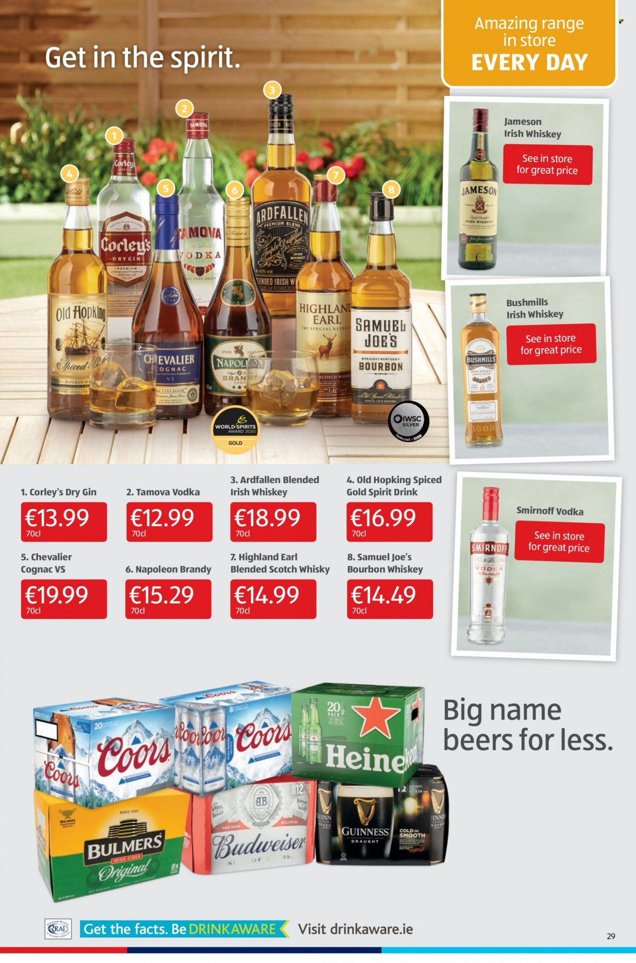 thumbnail - Aldi offer  - 23.09.2021 - 29.09.2021 - Sales products - bourbon, brandy, cognac, gin, Smirnoff, vodka, whiskey, irish whiskey, Jameson, bourbon whiskey, scotch whisky, whisky, cider, beer, Bulmers, Guinness, Budweiser, Coors. Page 29.