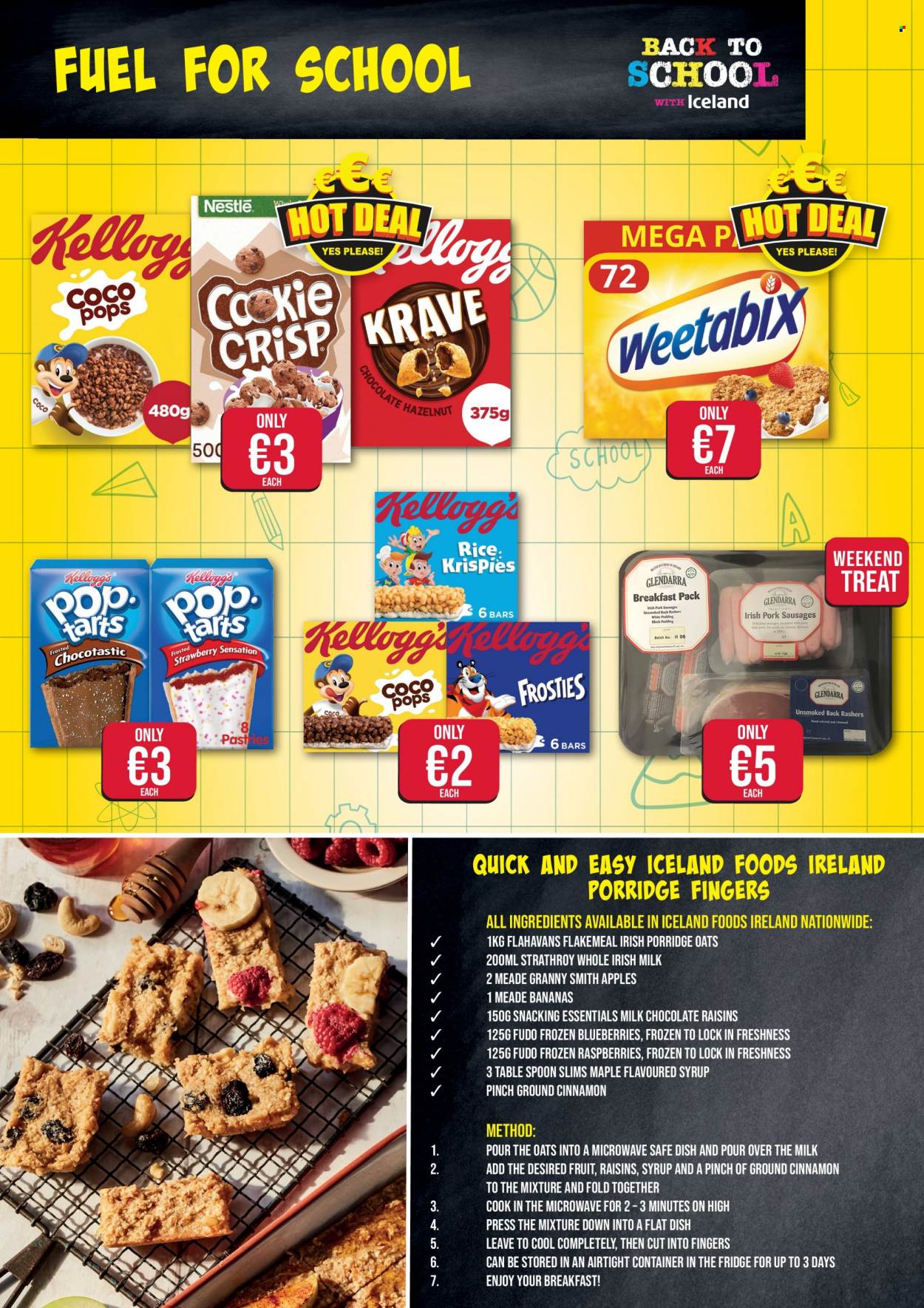 thumbnail - Iceland offer  - Sales products - bananas, apples, Granny Smith, milk chocolate, chocolate, oats, porridge, cinnamon, raisins, dried fruit, spoon, table spoon, container. Page 2.