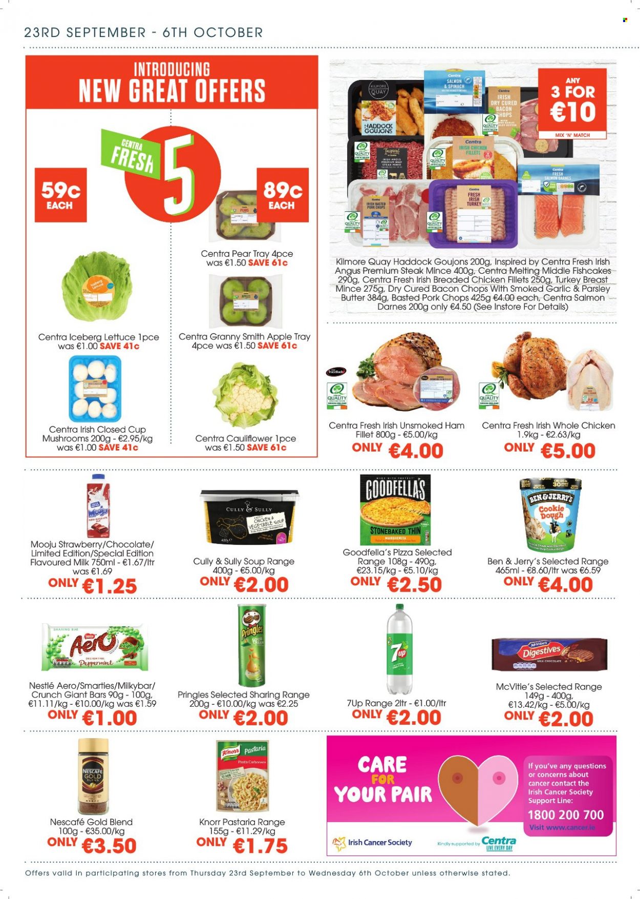thumbnail - Centra offer  - 23.09.2021 - 06.10.2021 - Sales products - parsley, lettuce, pears, Granny Smith, salmon, haddock, pizza, soup, pasta, Knorr, fried chicken, bacon, ham, milk, flavoured milk, butter, Ben & Jerry's, fish cake, Nestlé, chocolate, Smarties, Milkybar, Pringles, 7UP, Nescafé, turkey breast, whole chicken, steak, pork chops, pork meat, tray. Page 2.