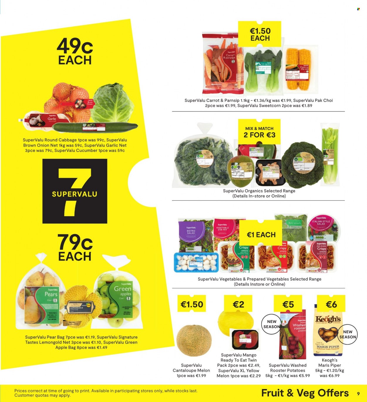 thumbnail - SuperValu offer  - 23.09.2021 - 06.10.2021 - Sales products - cabbage, cantaloupe, corn, garlic, spinach, potatoes, parsnips, onion, salad, mango, pears, melons, apples. Page 9.