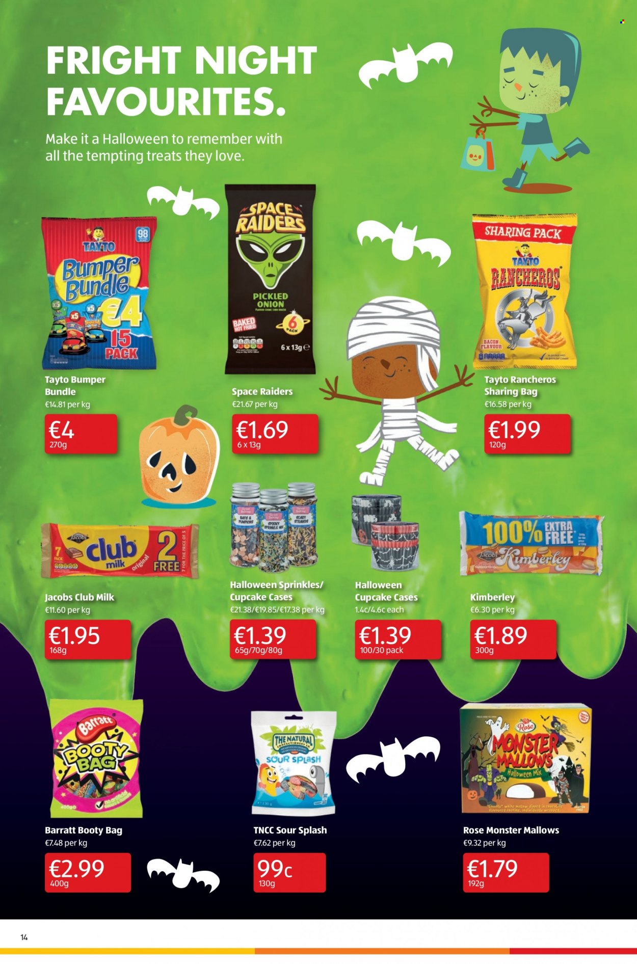 thumbnail - Aldi offer  - 30.09.2021 - 06.10.2021 - Sales products - cupcake, bacon, marshmallows, club milk, Tayto, Monster, Jacobs, wine, rosé wine, bag, rose. Page 14.