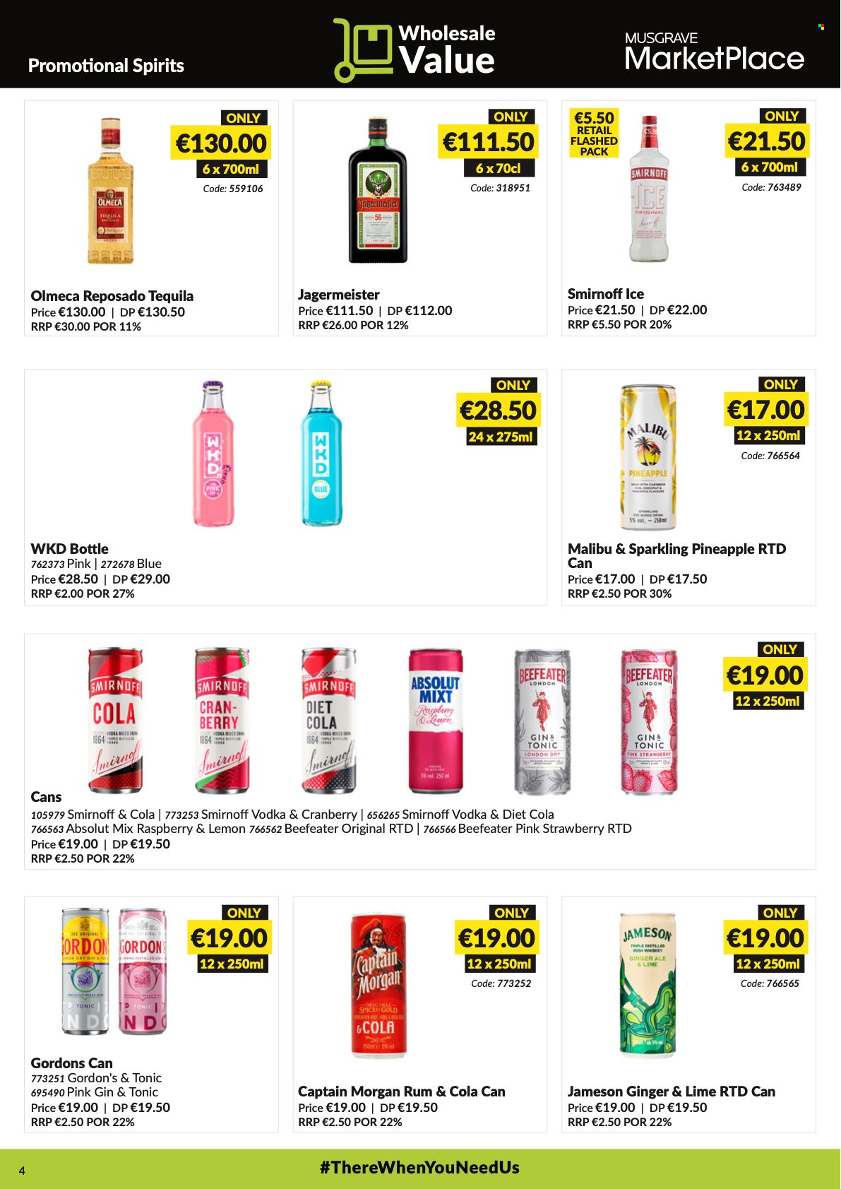 thumbnail - MUSGRAVE Market Place offer  - 26.09.2021 - 23.10.2021 - Sales products - pineapple, ginger ale, Captain Morgan, rum, Smirnoff, tequila, vodka, Jameson, Gordon's, Absolut, Beefeater, Jägermeister, Malibu, Olmeca, gin & tonic. Page 4.