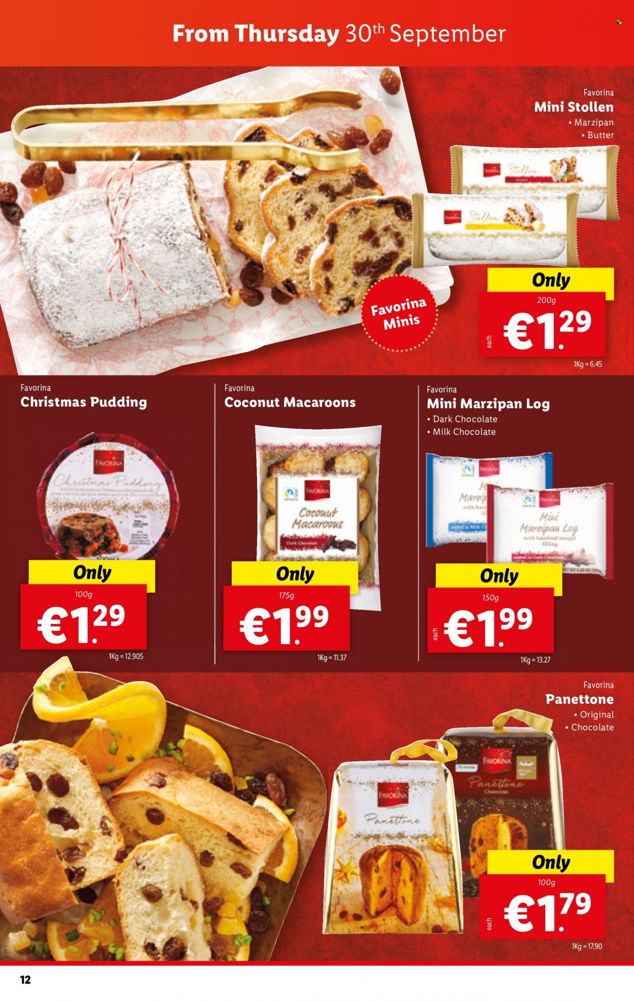 thumbnail - Lidl offer  - 30.09.2021 - 06.10.2021 - Sales products - mini stollen, stollen, panettone, macaroons, pudding, butter, marzipan log, milk chocolate, chocolate, dark chocolate. Page 12.