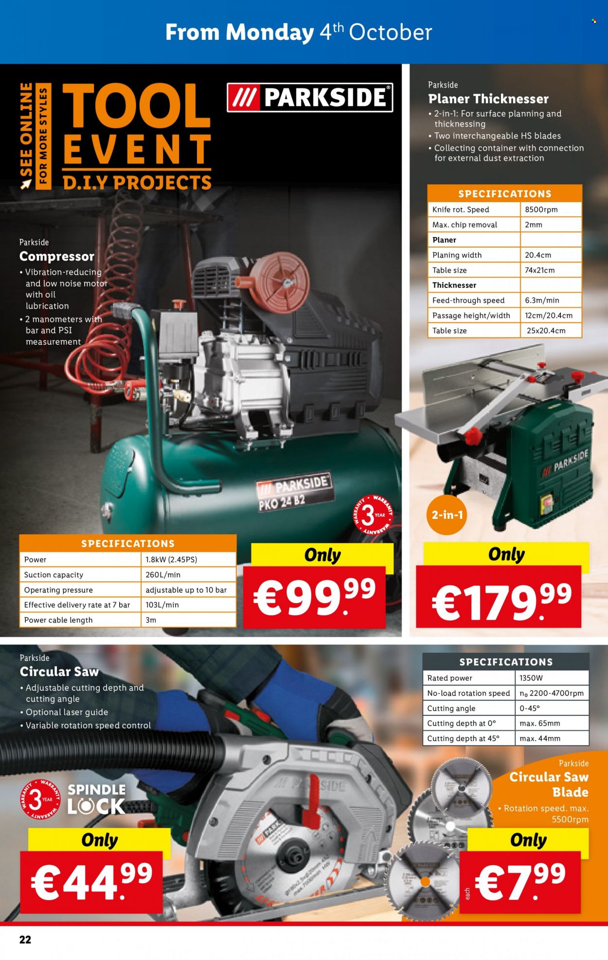 thumbnail - Lidl offer  - 30.09.2021 - 06.10.2021 - Sales products - knife, container, circular saw blade, circular saw, saw, Parkside, planer, table. Page 22.