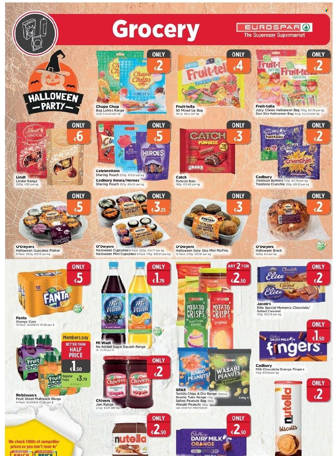 thumbnail - EUROSPAR offer  - 30.09.2021 - 20.10.2021 - Sales products - cupcake, muffin, O'Dwyers, milk chocolate, Nutella, chocolate, snack, Lindt, Lindor, Celebration, chewing gum, biscuit, Cadbury, Cadbury Roses, Dairy Milk, tortilla chips, chips, wasabi, salsa, fruit jam, peanuts, Fanta, Moments. Page 4.